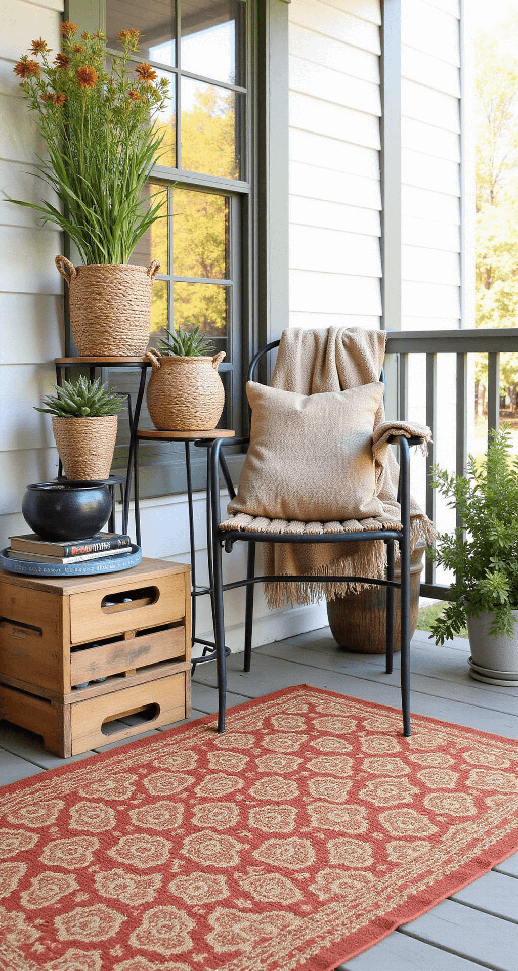 Stunning Fall Decor Ideas for Small Front Porches: Maximize Style in Minimal Space A beautifully styled autumn porch vignette featuring a rust and gold geometric outdoor rug, vintage wooden crates, metal plant stands, woven baskets, ceramic vessels, a burlap fabric accent, and a compact bistro chair with a seasonal throw pillow, all illuminated by bright morning light to highlight the textures and layering of the arrangement.