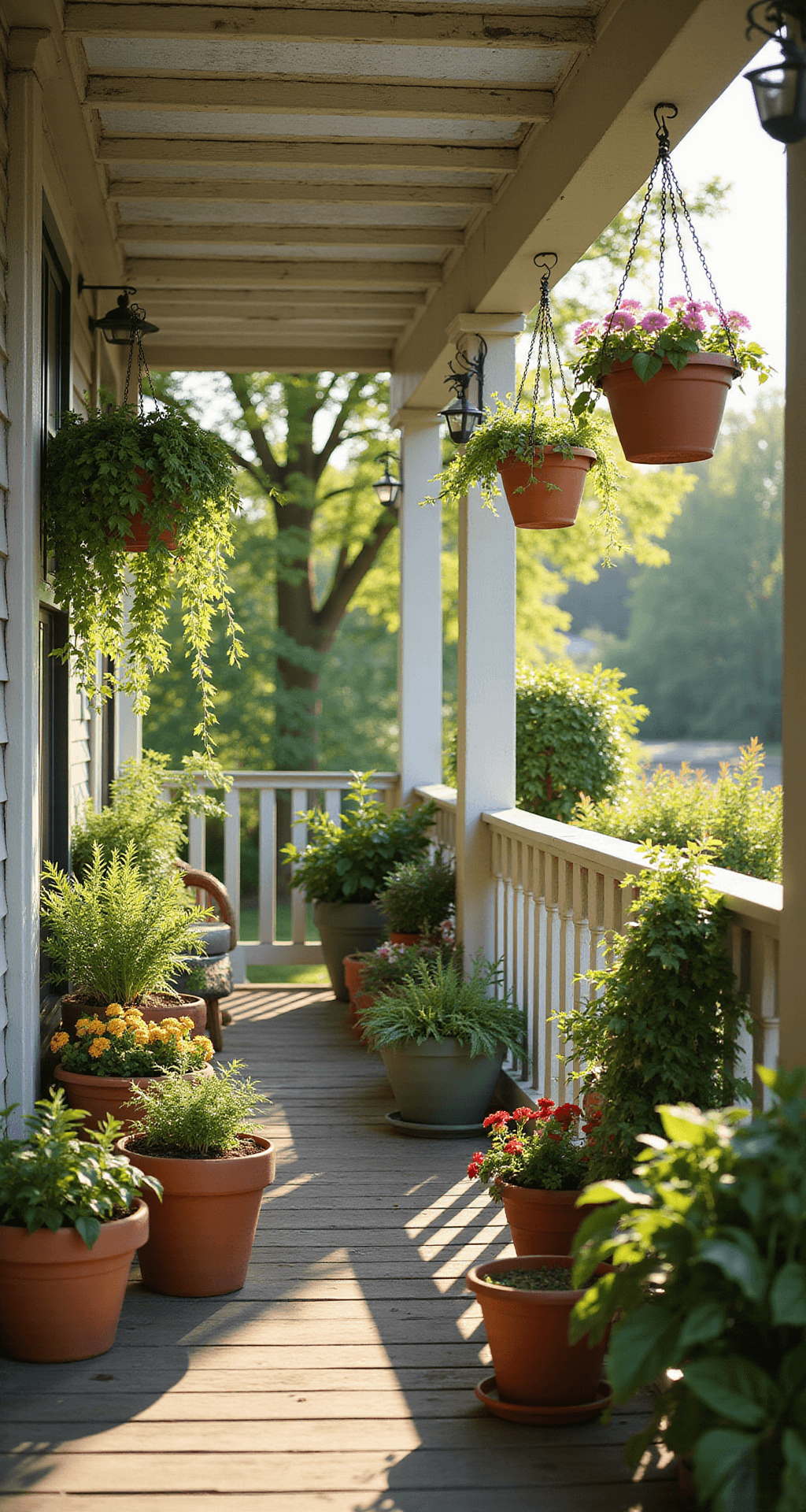 Budget-Friendly Small Back Porch Makeover: Transform Your Space for Less Photorealistic wide-angle view of a small back porch adorned with greenery in plastic planters, warm golden hour light filtering through a pergola, and vibrant flowers and herbs arranged in clusters, creating an intimate garden sanctuary atmosphere.