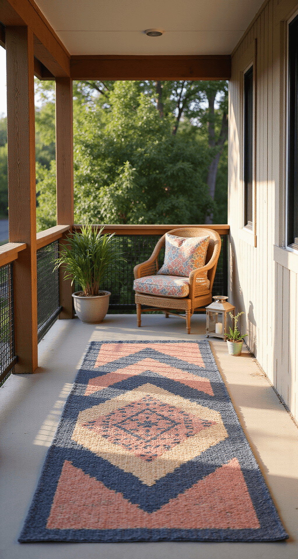 Budget-Friendly Small Back Porch Makeover: Transform Your Space for Less Cozy back porch interior featuring a vibrant geometric outdoor rug in navy blue, coral, and cream; captured during late afternoon with soft lighting, highlighting the rug's texture and colors amidst wooden posts and neutral wainscoting.
