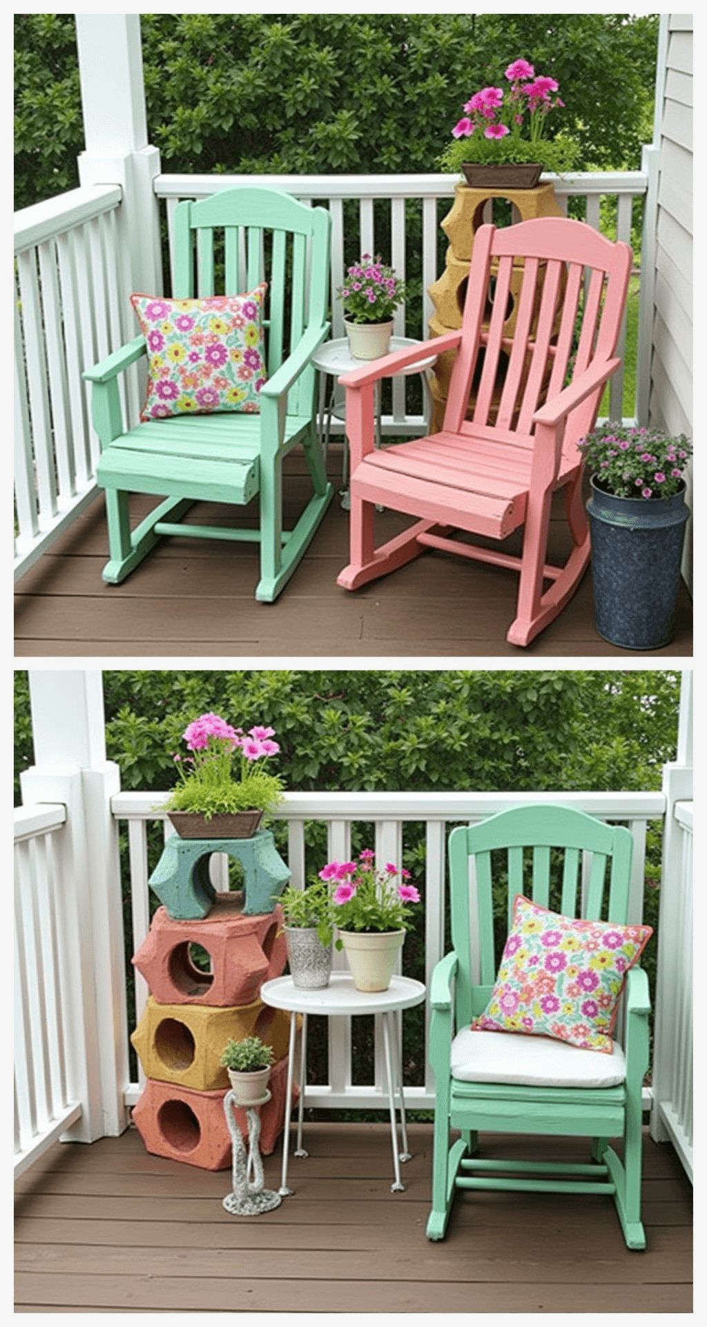 Budget-Friendly Small Back Porch Makeover: Transform Your Space for Less Creative DIY back porch makeover with spray-painted furniture in sage green and coral pink, repurposed decor, and colorful potted herbs on stacked cement blocks, set against weathered wood decking and white railings, showcasing a vibrant, resourceful atmosphere in bright natural daylight.