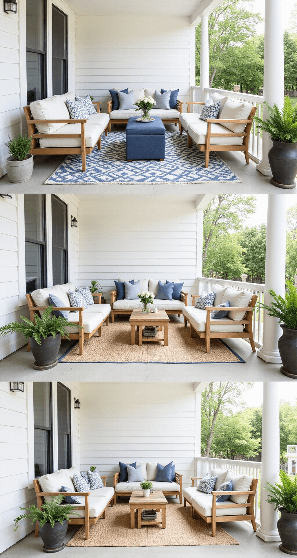 Budget-Friendly Small Back Porch Makeover: Transform Your Space for Less Thoughtfully styled small back porch, 7x9 feet, featuring conversation zone with multi-functional furniture, clean lines, textured outdoor cushions, and a soft blue and cream color palette, all under optimal natural lighting.