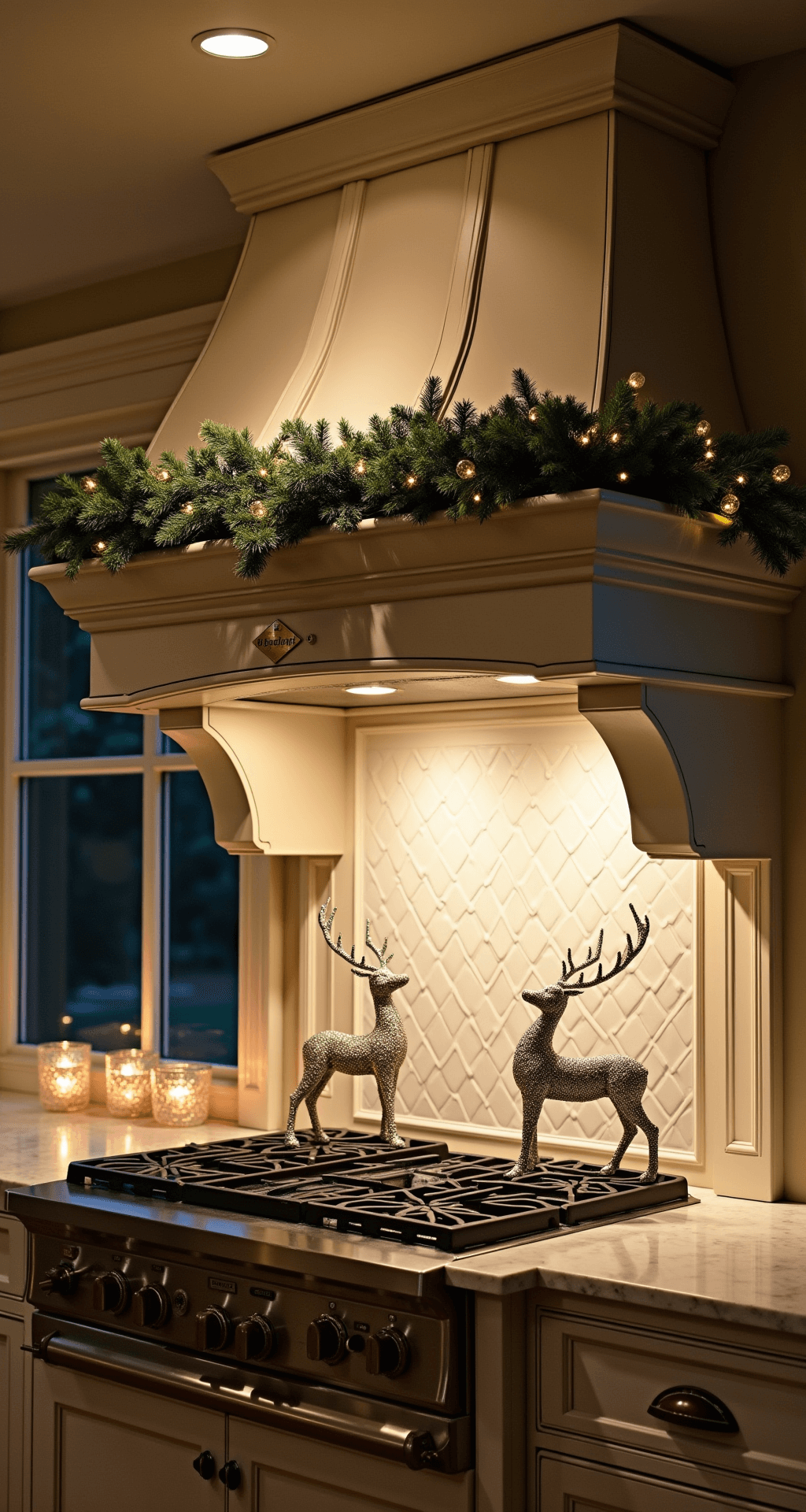 A transitional kitchen at dusk, featuring an oversized hood vent adorned with illuminated cedar garland, crystal-encrusted deer figurines flanking a professional range, and vintage mercury glass votives on the window sill reflecting warm lighting, captured from a lower angle to highlight architectural details.