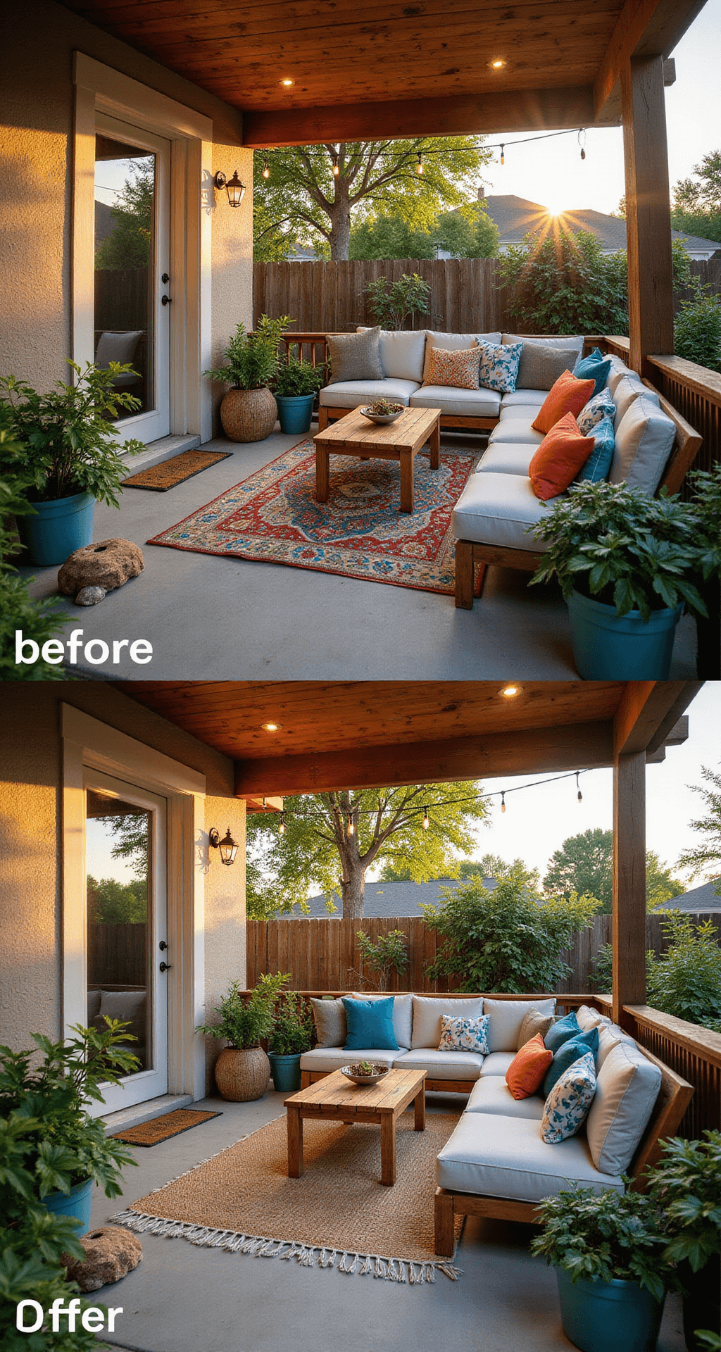 Budget-Friendly Small Back Porch Makeover: Transform Your Space for Less Stunning before-and-after shot of a transformed small back porch featuring layered greenery, a colorful outdoor rug, comfortable seating with weather-resistant cushions, ambient string lighting, and creative DIY touches, all bathed in warm golden hour light, showcasing rich textures and a vibrant color palette within an inviting 8x10 foot space.