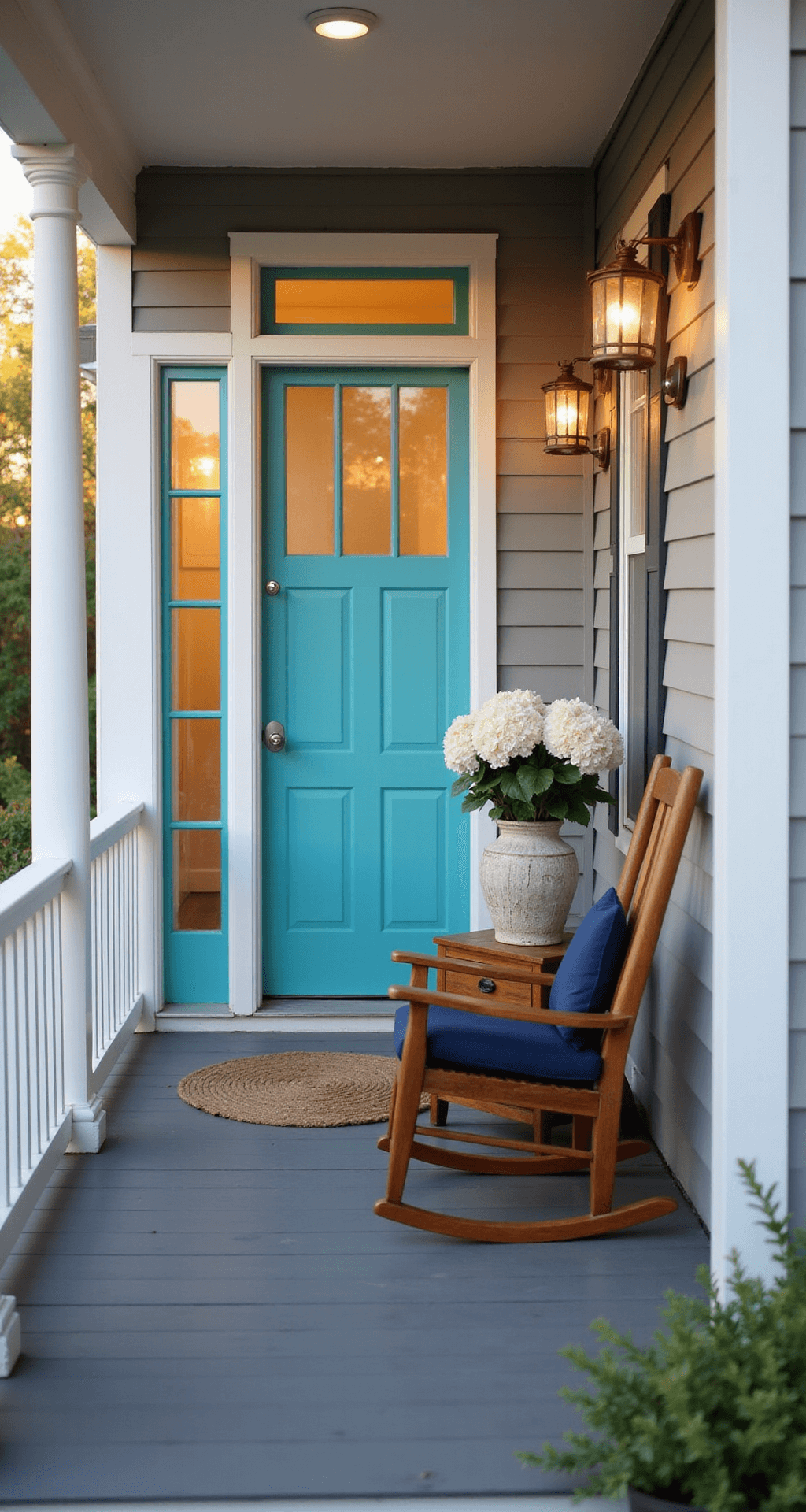 Small Front Porch Remodeling: Transform Your Tiny Entrance into a Stunning Welcome Space Photorealistic front porch featuring a vibrant turquoise door, sidelights, mahogany rocking chair with navy cushions, teak side table with white hydrangeas, charcoal gray decking, white railings with copper lanterns, and a jute welcome mat, all illuminated by warm golden hour light.