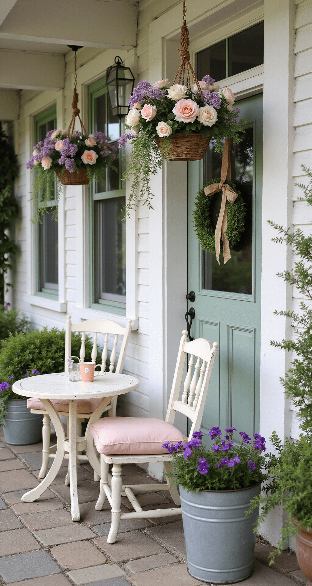 Small Front Porch Remodeling: Transform Your Tiny Entrance into a Stunning Welcome Space Cozy cottage-style porch with distress white furniture, petite bistro set with pale pink cushions, climbing roses in blush and cream, sage green front door with lavender wreath, vintage planters with purple pansies, natural stone flooring, captured in soft morning light for a dreamy atmosphere.
