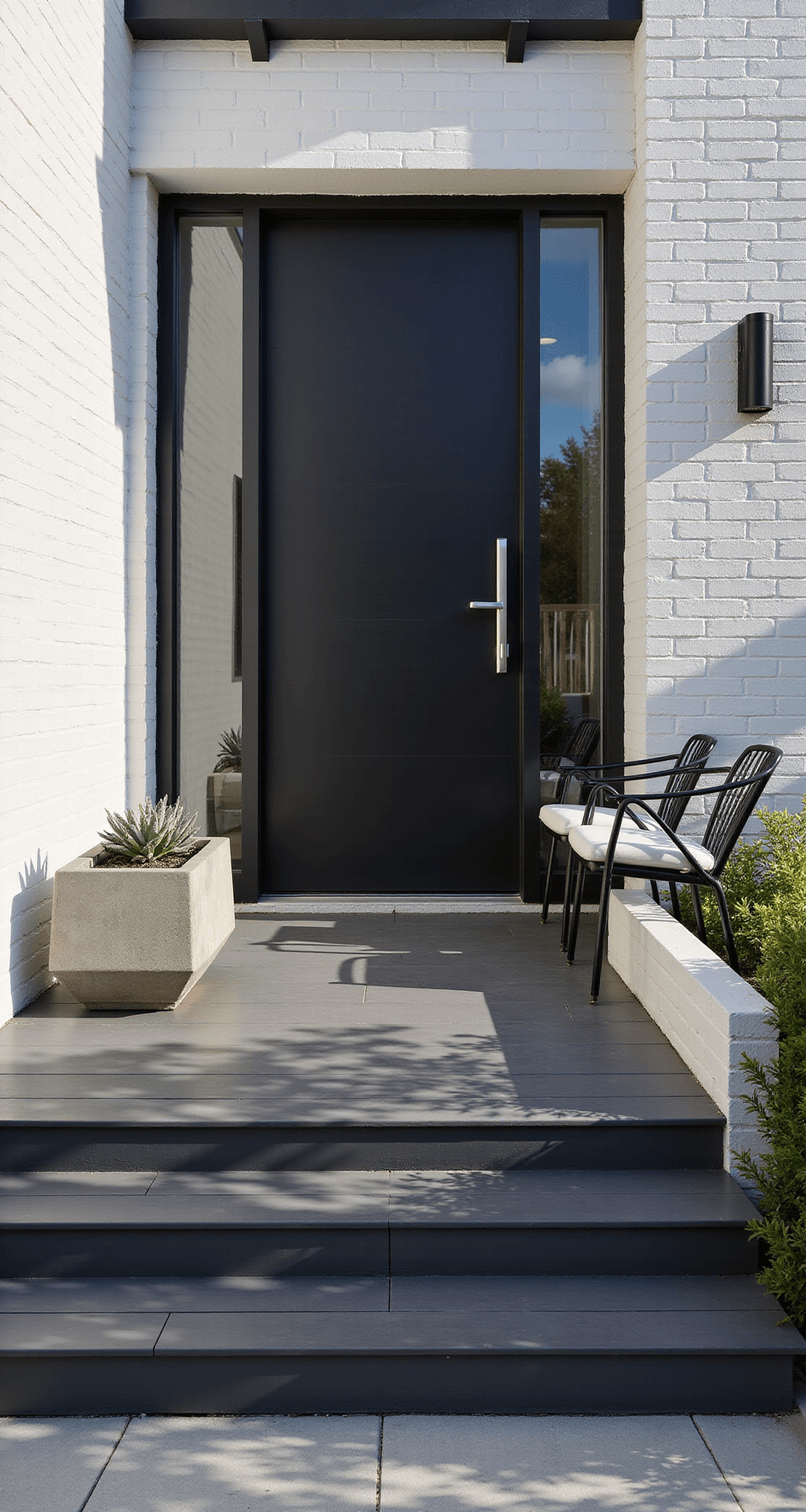 Small Front Porch Remodeling: Transform Your Tiny Entrance into a Stunning Welcome Space Modern minimalist porch featuring clean lines, a sleek black front door, white brick walls, a geometric concrete planter with succulents, charcoal composite decking with LED lighting, and slim black metal chairs with white cushions, all bathed in crisp afternoon sunlight.