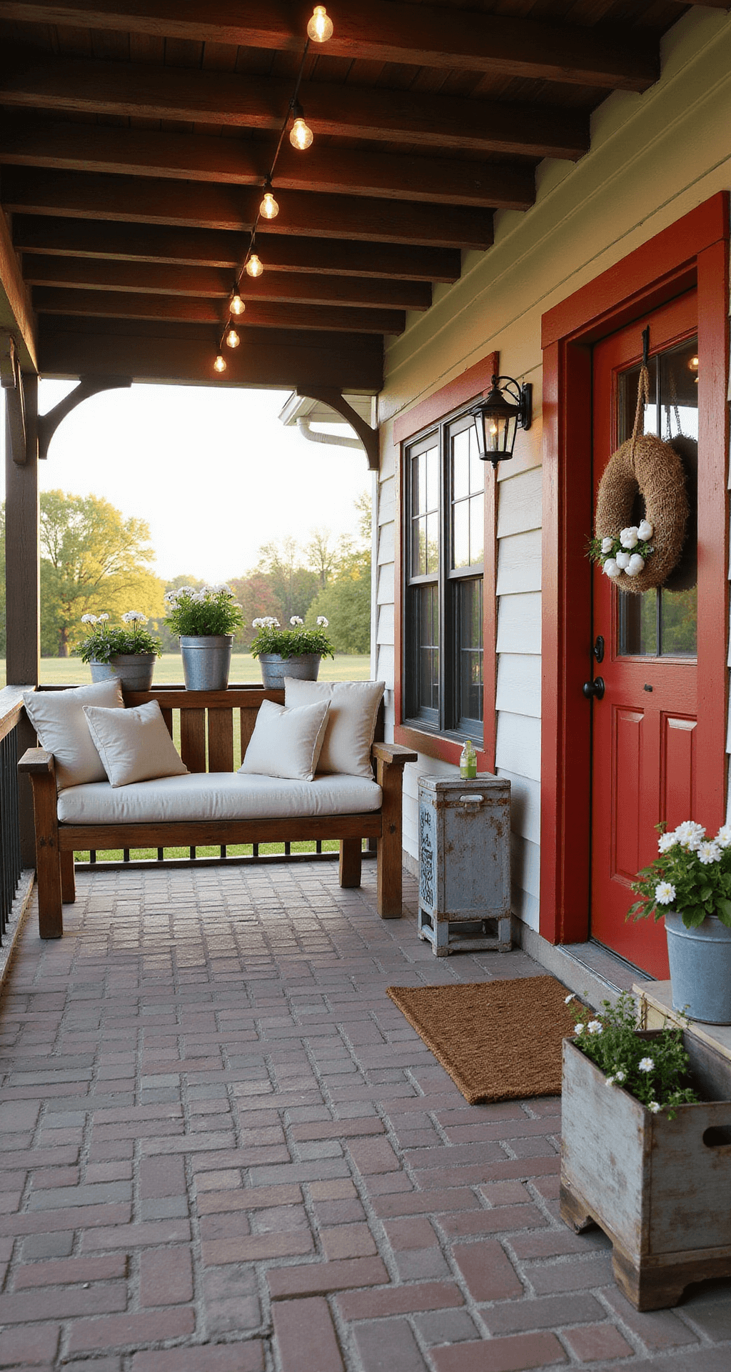 Small Front Porch Remodeling: Transform Your Tiny Entrance into a Stunning Welcome Space Farmhouse-style porch transformation featuring weathered barn wood, a reclaimed wood bench with cream cushions, galvanized metal planters with white geraniums, mason jar string lights, a classic red front door with a burlap and cotton wreath, and aged brick flooring, all bathed in warm evening light.