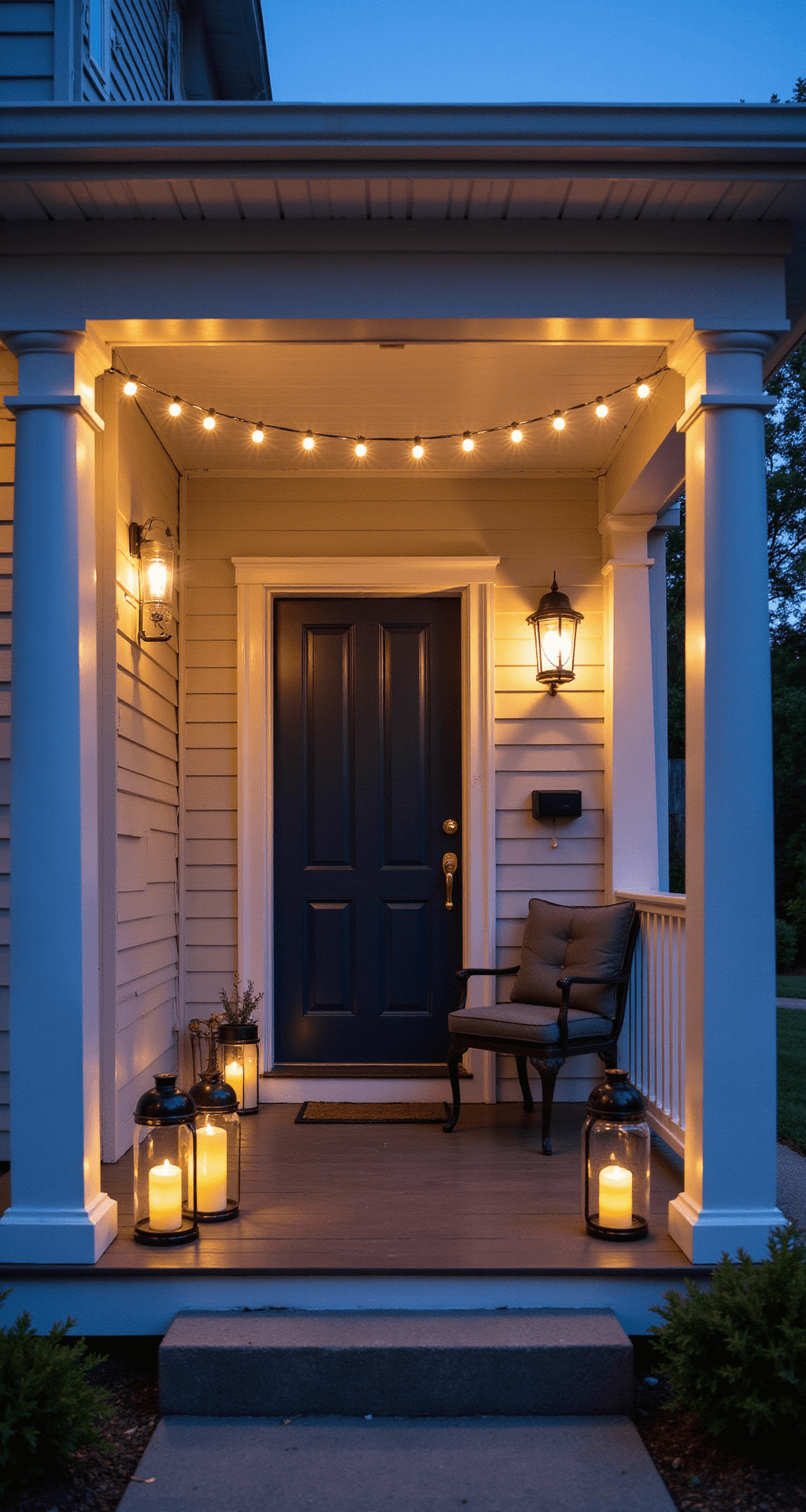 Small Front Porch Remodeling: Transform Your Tiny Entrance into a Stunning Welcome Space A cozy porch during twilight, featuring warm white solar string lights draped overhead between white columns, flanking a deep navy front door with brass hardware, illuminated battery-operated candles on the railing, subtle pathway lighting on natural stone steps, and a small wrought iron table with candles beside a cushioned gray chair.