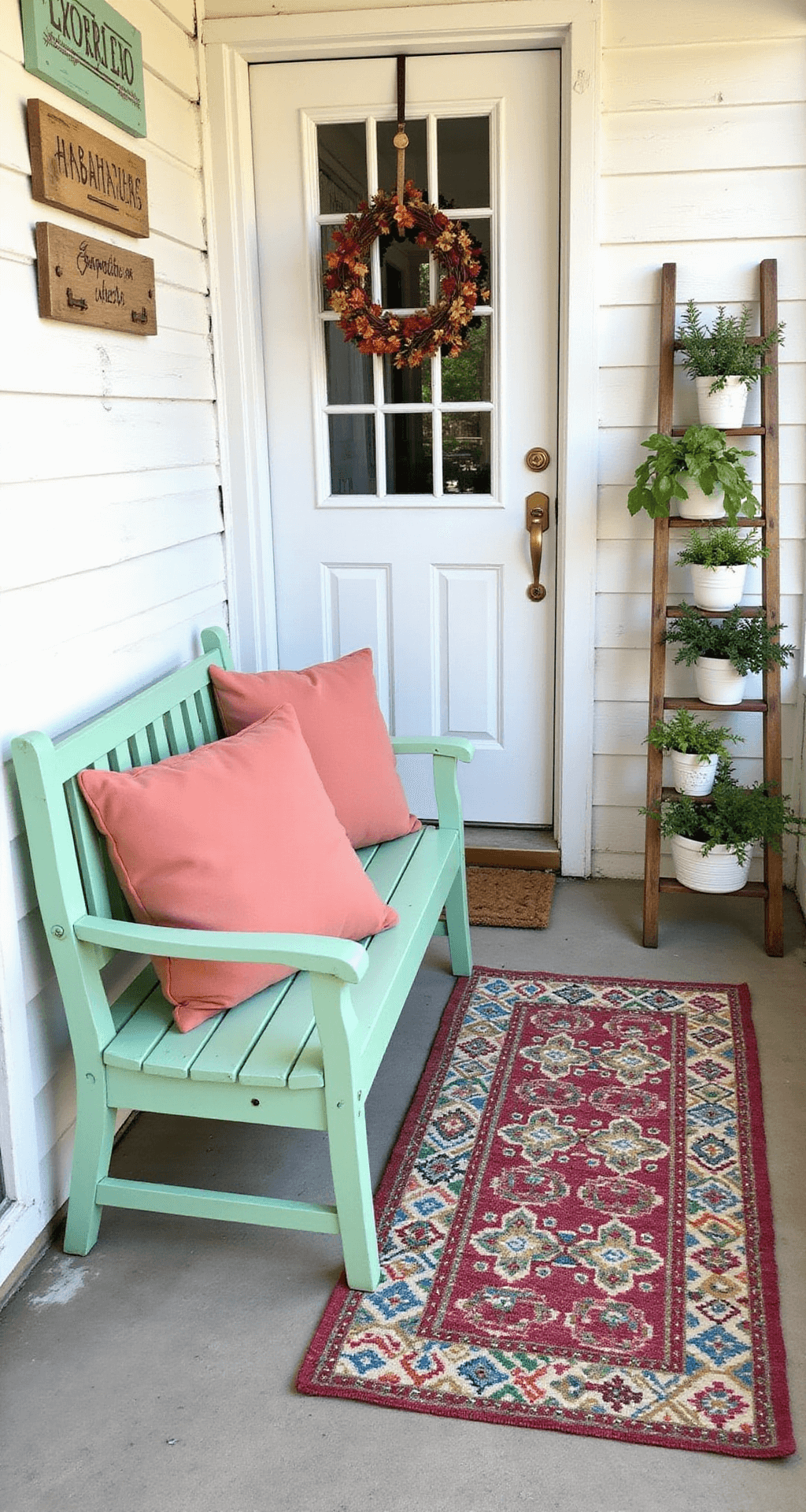 Small Front Porch Remodeling: Transform Your Tiny Entrance into a Stunning Welcome Space A narrow porch makeover features a mint green bench with coral pillows, a DIY ladder plant stand with herbs in mismatched pots, and a colorful geometric rug on concrete. Hand-painted signs and mason jar planters adorn the wall, with a white front door showcasing brushed gold hardware and a seasonal wreath.