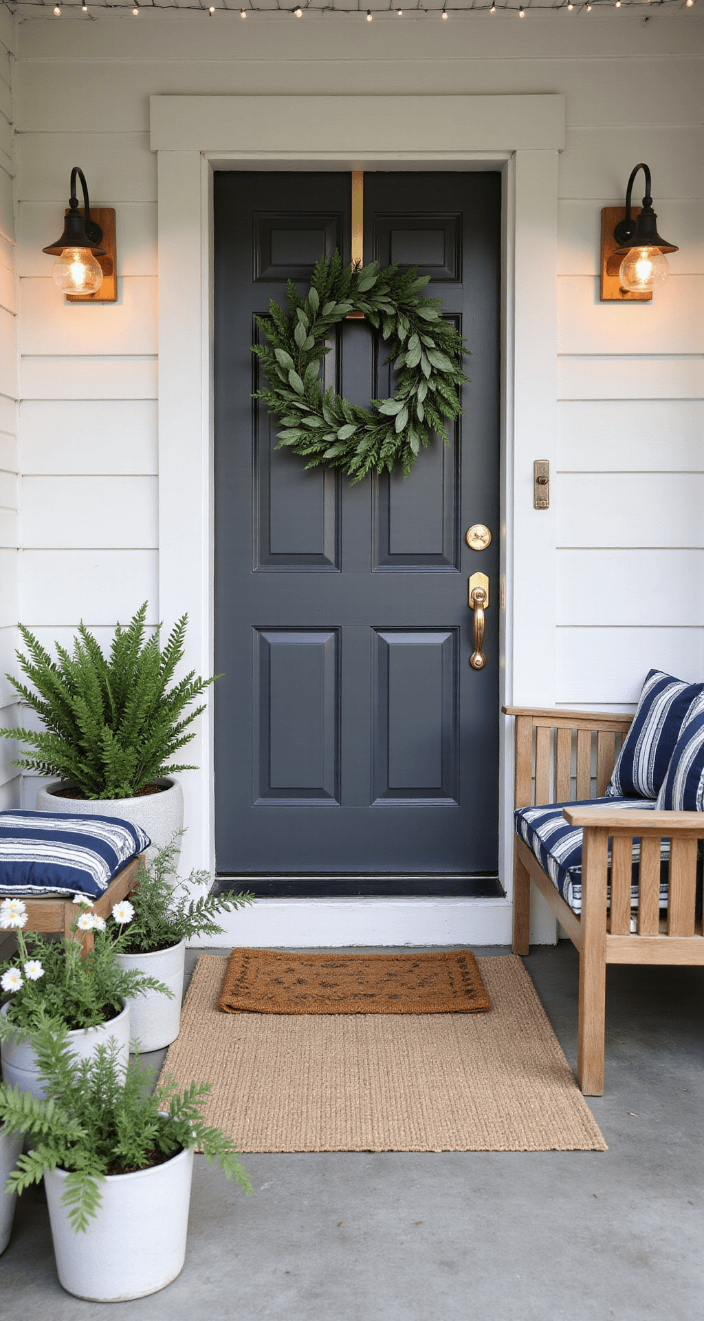 Small Front Porch Remodeling: Transform Your Tiny Entrance into a Stunning Welcome Space A small, professionally styled porch measuring 6x8 feet, featuring teak furniture with navy and white striped cushions, coordinated planters with greenery and blooms, a charcoal gray front door with brass hardware, and layered lighting, captured during golden hour for a magazine-worthy look.