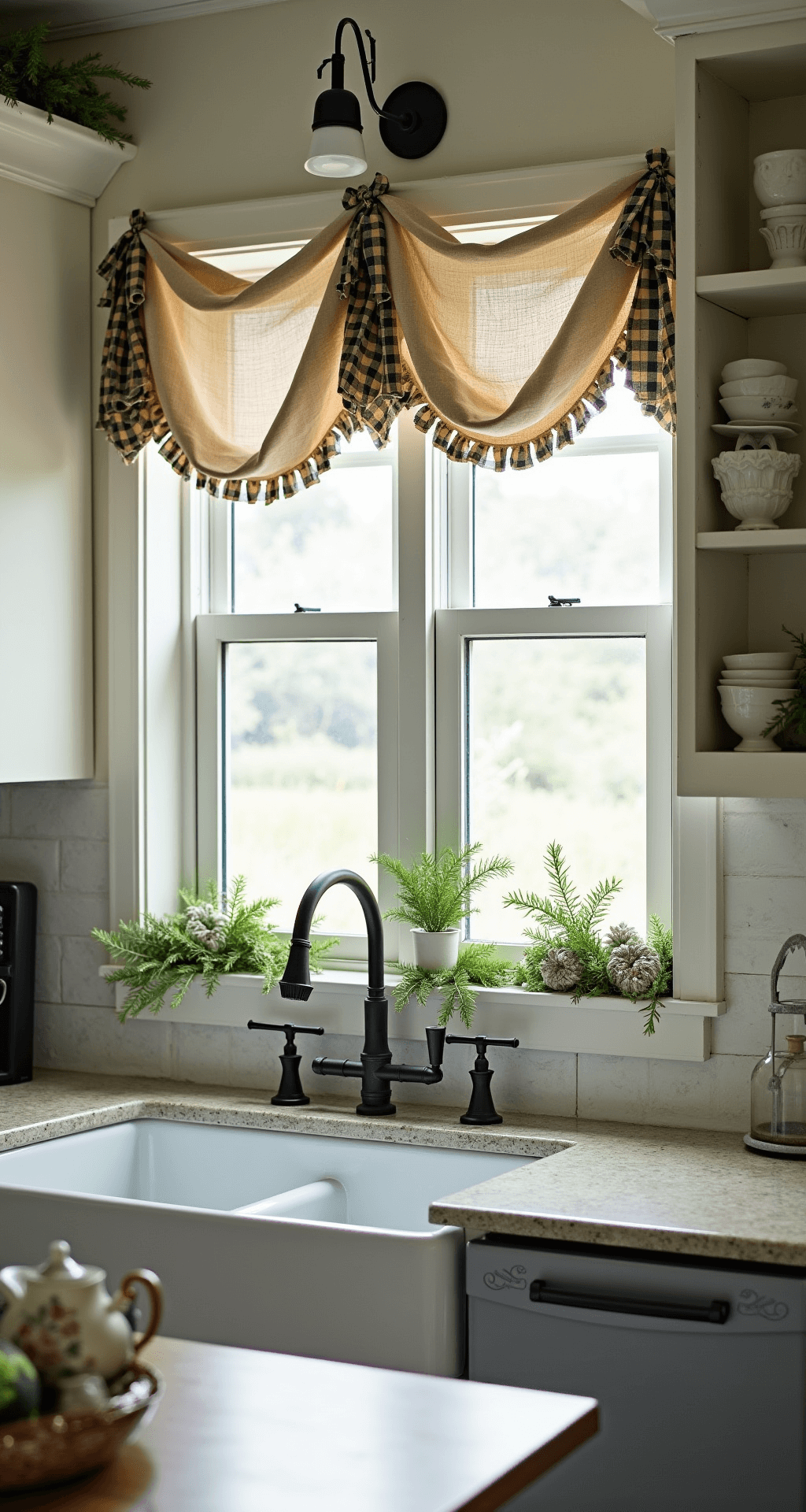 A cozy cottage kitchen featuring mid-morning light, with windows adorned in fresh pine swags and buffalo check ribbons, a farmhouse sink filled with pastel vintage ornaments, and open shelving showcasing white ironstone and greenery, captured at eye level with a shallow depth of field.