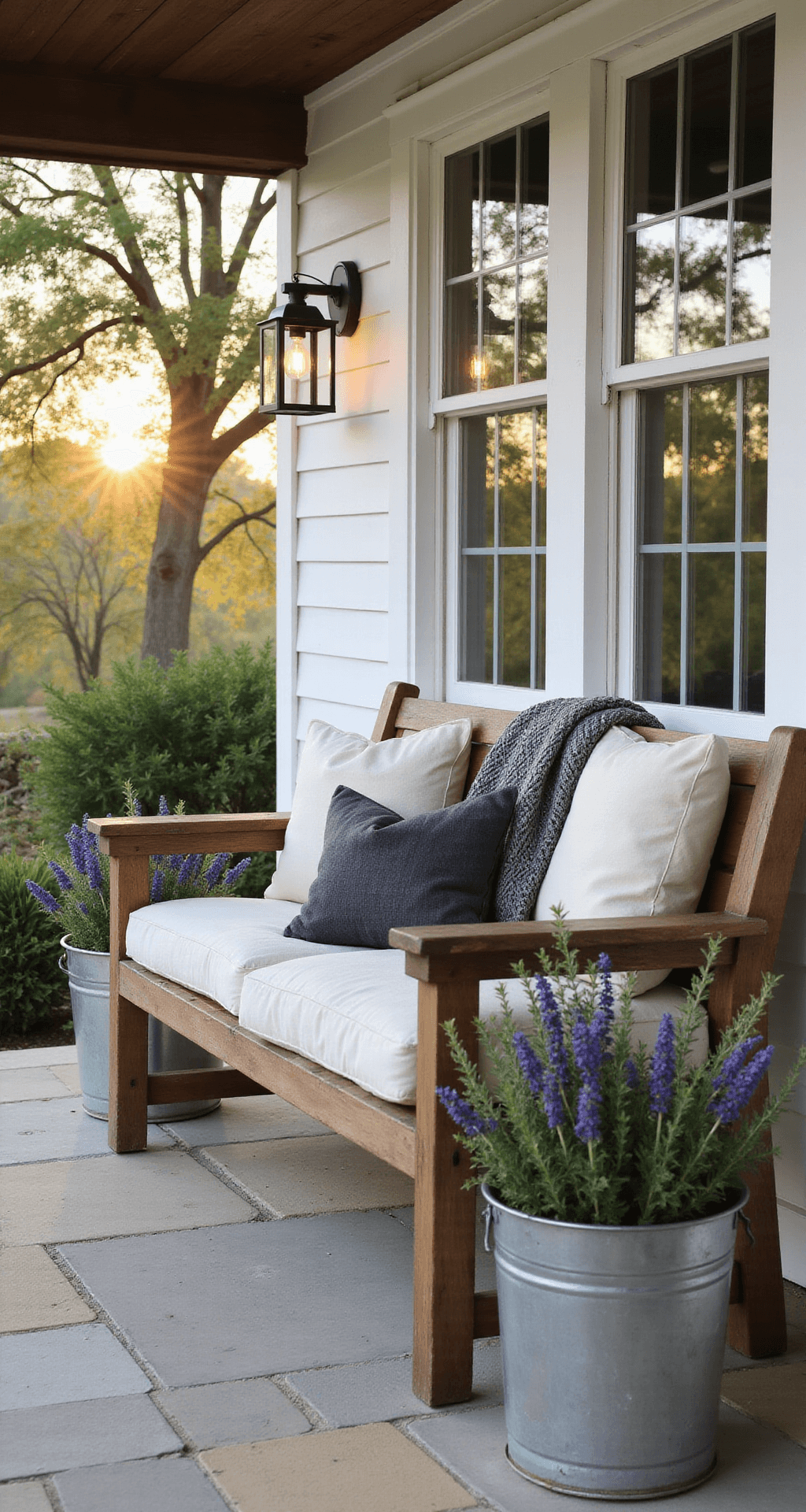 Transforming Your Front Porch: Bench Decorating Ideas That Will Make Your Neighbors Jealous Photorealistic front porch featuring a weathered teak bench with cream cushions and charcoal pillows, surrounded by dappled sunlight filtering through oak trees, natural stone flooring, and galvanized metal planters filled with lavender and eucalyptus, all under wrought iron lanterns with Edison bulbs, creating a warm and inviting atmosphere.