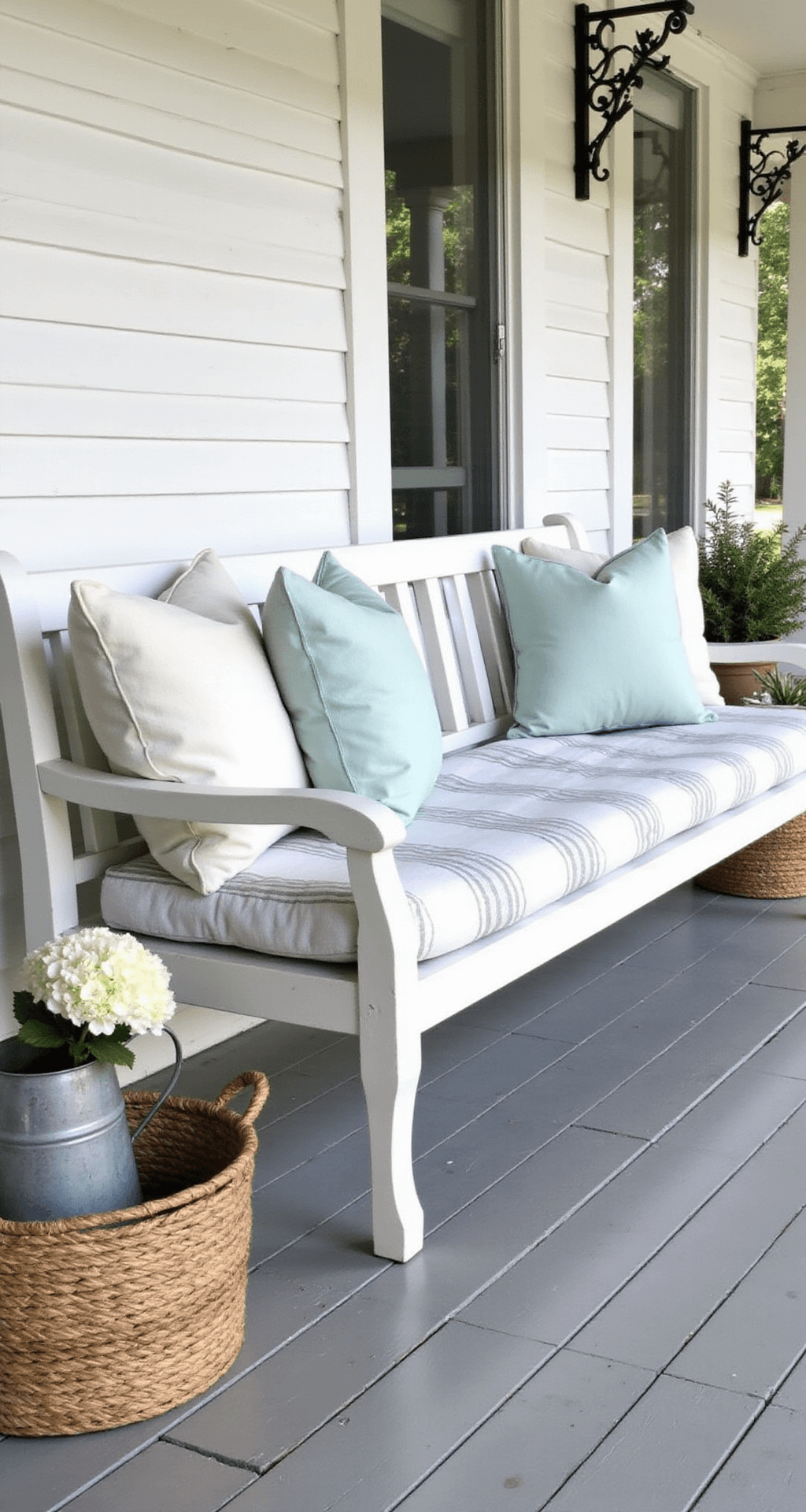 Transforming Your Front Porch: Bench Decorating Ideas That Will Make Your Neighbors Jealous Elegant farmhouse porch with a white bench and blue striped cushions, surrounded by greenery and hydrangeas, against a backdrop of shiplap walls and wrought iron details.