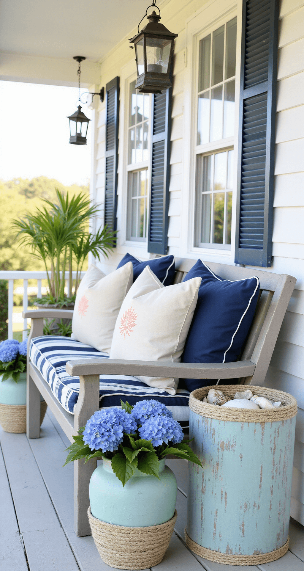 Transforming Your Front Porch: Bench Decorating Ideas That Will Make Your Neighbors Jealous Coastal-inspired front porch vignette featuring a driftwood-gray bench with striped cushions, decorative pillows, seafoam green planters, and nautical lanterns, creating a fresh seaside atmosphere.