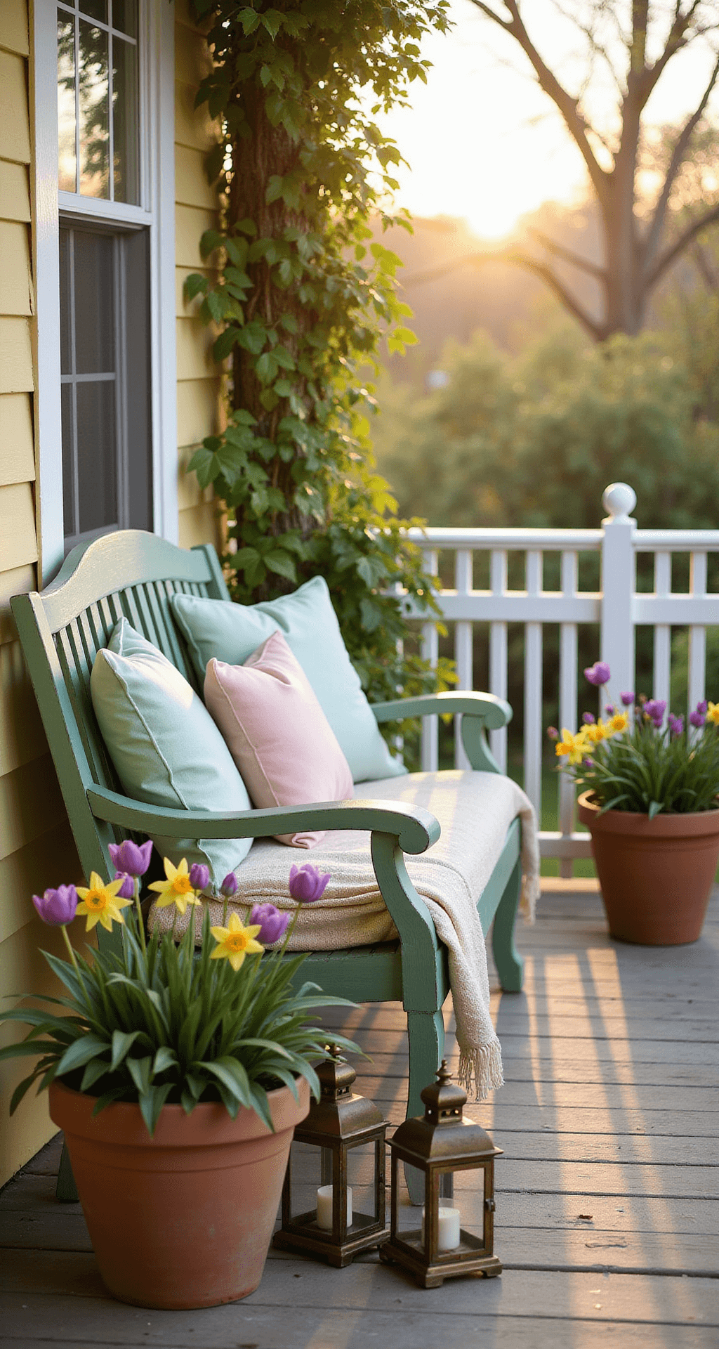 Transforming Your Front Porch: Bench Decorating Ideas That Will Make Your Neighbors Jealous A cozy spring porch scene at golden hour featuring a sage green bench with pastel cushions, a cream throw, vibrant flowers in terra cotta pots, and vintage brass lanterns, all framed by white picket railings and blooming clematis, conveying a mood of peaceful renewal.