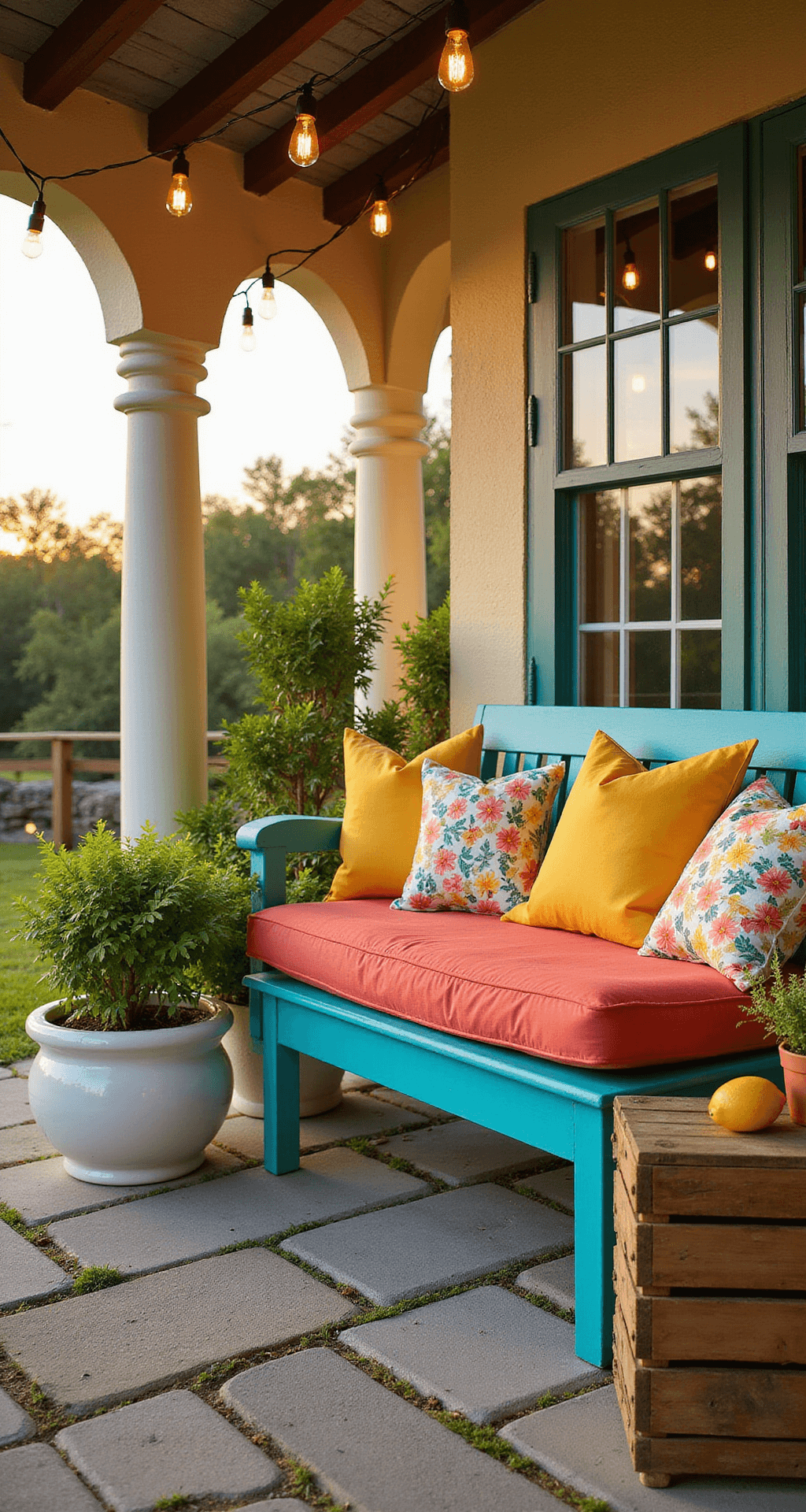 Transforming Your Front Porch: Bench Decorating Ideas That Will Make Your Neighbors Jealous Vibrant summer porch with turquoise bench, coral and yellow cushions, tropical prints, lush plants in white planters, string lights, and vintage crate with lemons and herbs, captured in golden afternoon light.