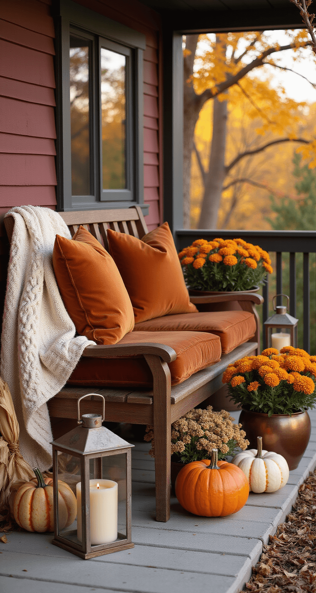 Transforming Your Front Porch: Bench Decorating Ideas That Will Make Your Neighbors Jealous Cozy autumn front porch with a mahogany bench, rust-colored cushions, and a chunky cream blanket, surrounded by seasonal flowers, pumpkins, and lanterns, all bathed in warm afternoon light.