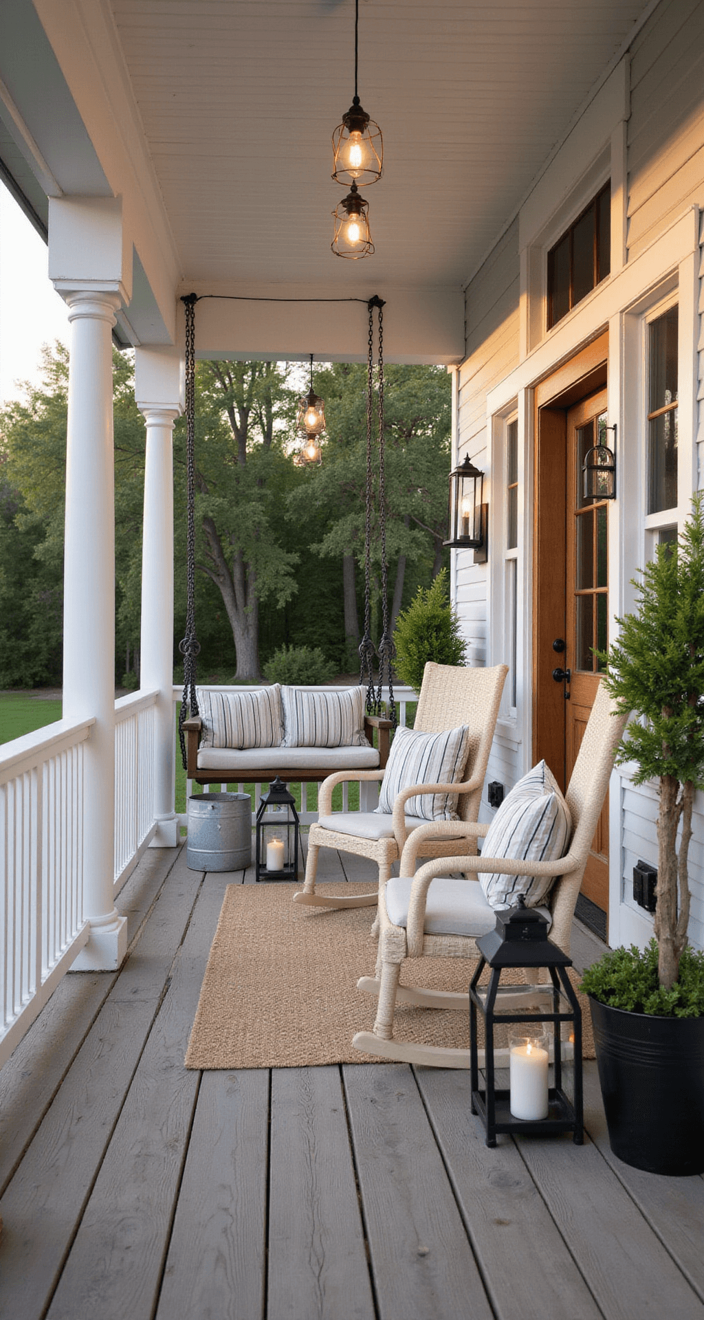 Creating the Perfect Modern Farmhouse Front Porch: A Comprehensive Guide Photorealistic modern farmhouse front porch featuring a wraparound wooden deck with white railings, cream wicker rocking chairs, a vintage side table, and a hanging swing, all bathed in golden hour light filtered through oak trees, complemented by boxwood topiaries and ambient lanterns.