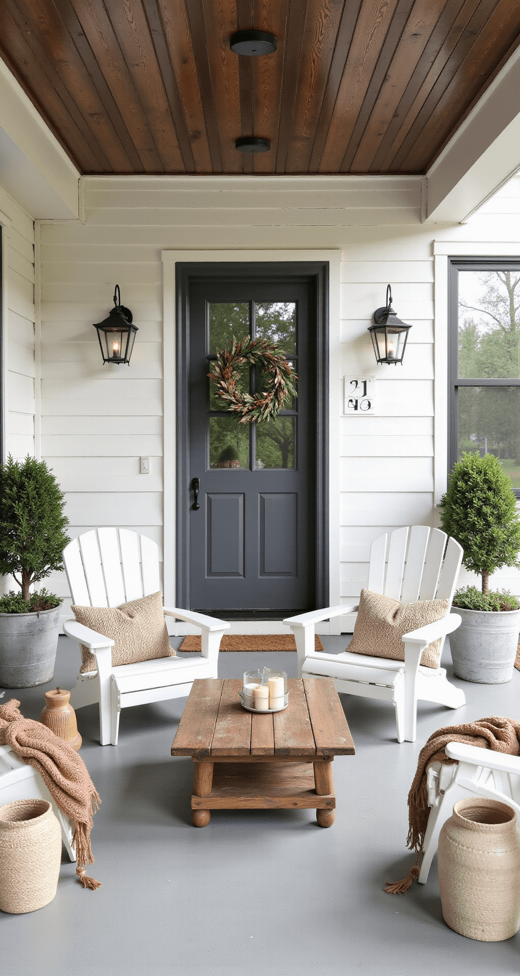 Creating the Perfect Modern Farmhouse Front Porch: A Comprehensive Guide Interior of a spacious farmhouse porch featuring a neutral color palette, showcasing white Adirondack chairs around a reclaimed wood coffee table, with a white tongue-and-groove ceiling and dark wooden beams, bathed in soft morning light.
