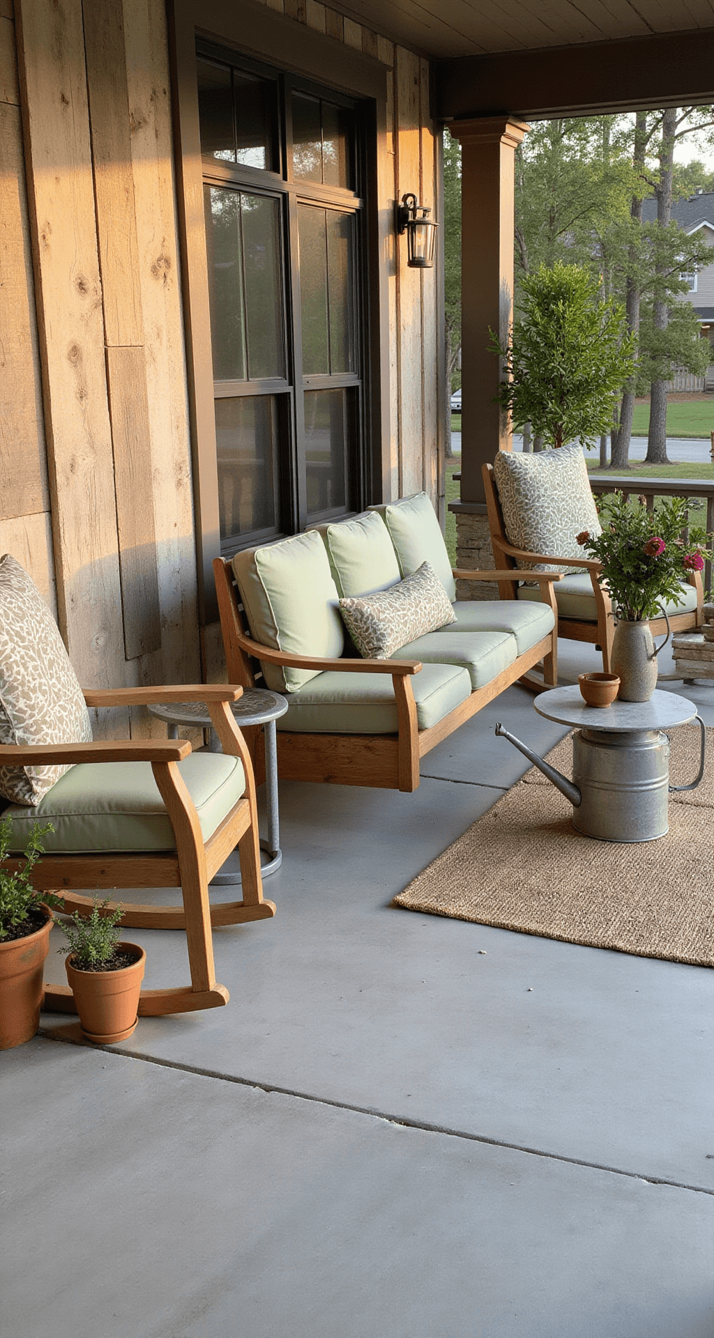 Creating the Perfect Modern Farmhouse Front Porch: A Comprehensive Guide Elevated view of a modern farmhouse porch showcasing an L-shaped seating arrangement with a teak swing and rocking chairs, set against a reclaimed barn wood wall and a concrete floor, adorned with vintage watering cans, potted herbs, and a jute runner, illuminated by warm afternoon light.