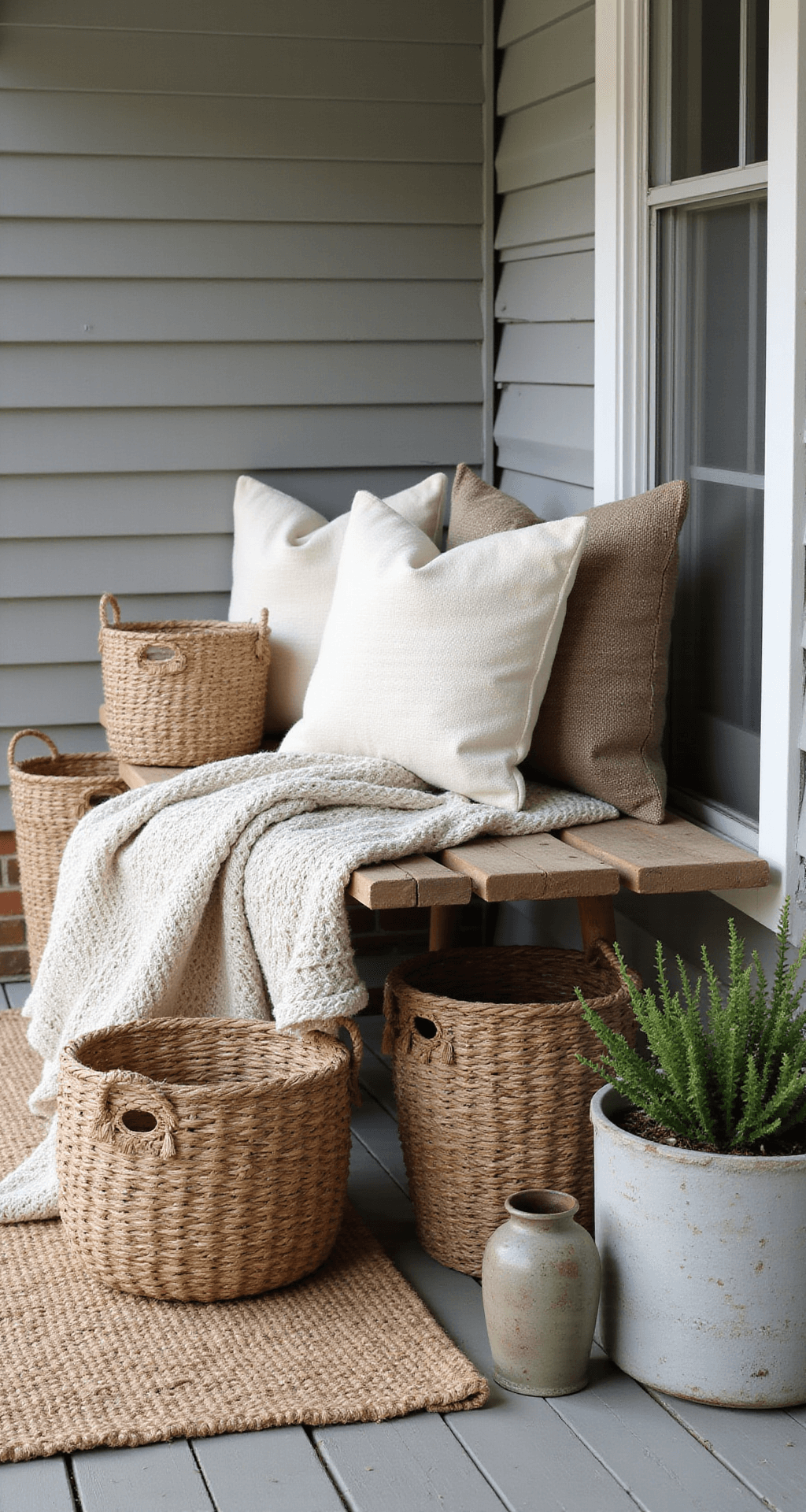 Creating the Perfect Modern Farmhouse Front Porch: A Comprehensive Guide Detailed close-up of a warm farmhouse porch featuring a jute rug, vintage grain sack pillows, and cable-knit throws, alongside a reclaimed wooden bench with woven baskets and potted succulents in weathered ceramics, highlighted with natural light and selective focus on textural details.