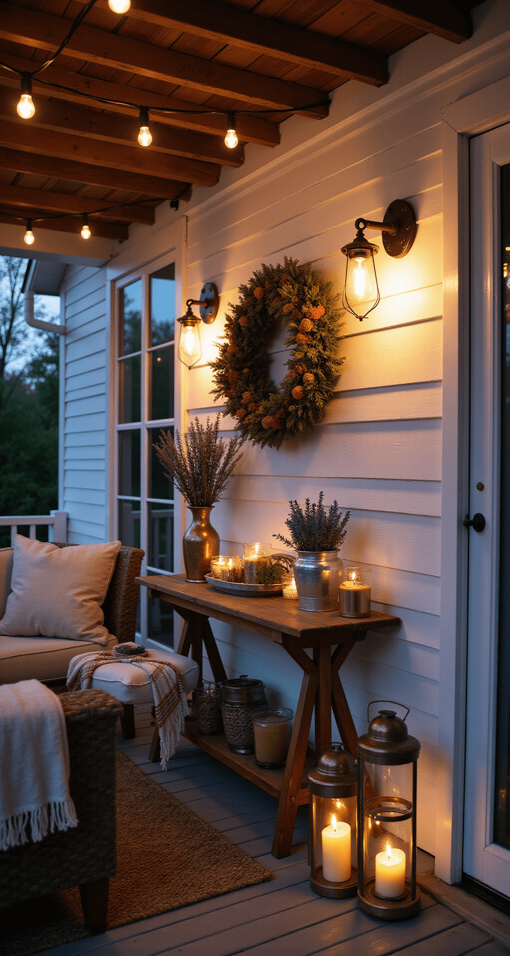Creating the Perfect Modern Farmhouse Front Porch: A Comprehensive Guide A cozy porch scene illuminated by string lights and vintage brass lanterns, showcasing a rustic console table with mercury glass votives and potted lavender, all set against a backdrop of white subway tile and dark stained ceiling beams, captured during blue hour with a warm, inviting ambiance.