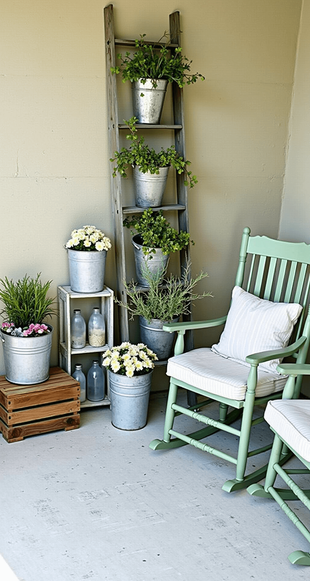 Creating the Perfect Modern Farmhouse Front Porch: A Comprehensive Guide A budget-friendly farmhouse porch styled with thrift store finds and DIY elements, featuring vintage wooden crates as plant stands, a painted ladder for blanket storage, mismatched sage green rocking chairs with ticking stripe cushions, galvanized buckets with flowers, and charming vignettes of vintage scales and milk bottles, all set on a stenciled concrete floor.