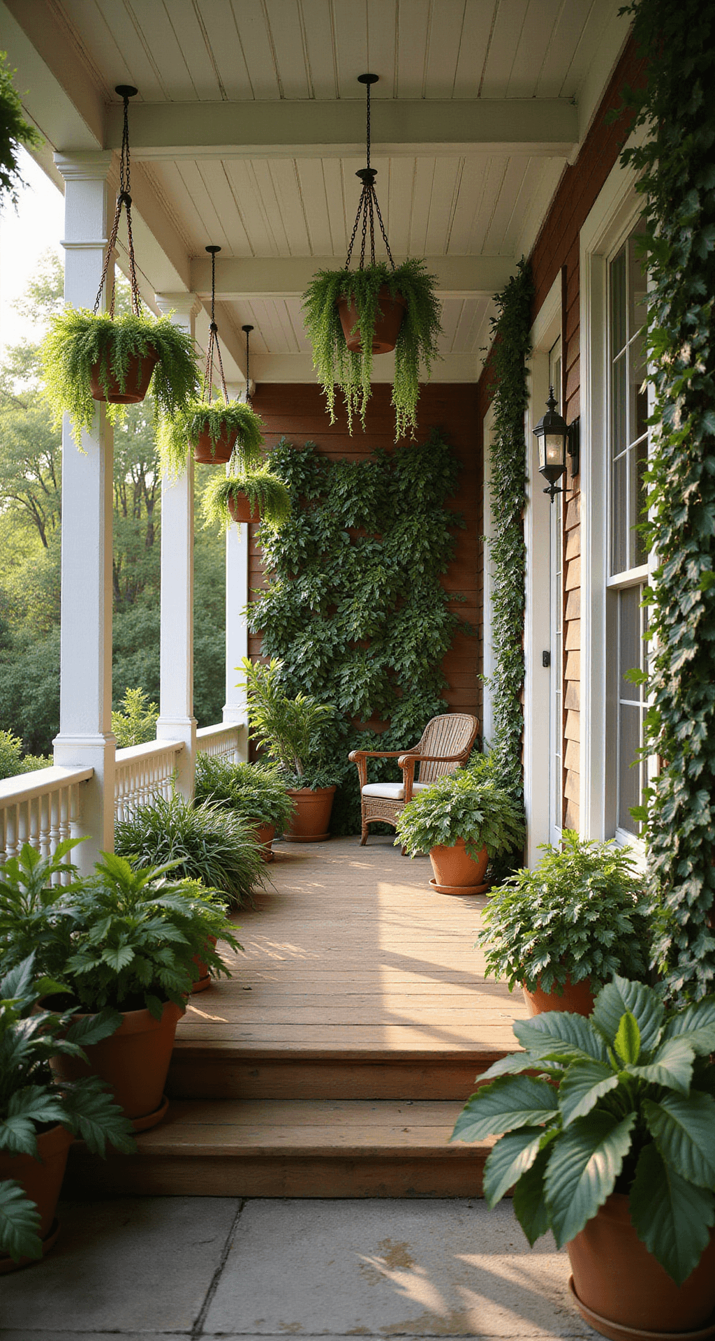 Back Porch Decorating Ideas: Transform Your Outdoor Retreat Photorealistic wide-angle view of a spacious back porch filled with lush greenery, featuring cascading Boston ferns, terracotta pots with succulents, a vertical living wall of pothos and philodendron, and climbing ivy planters, illuminated by warm amber light during golden hour.