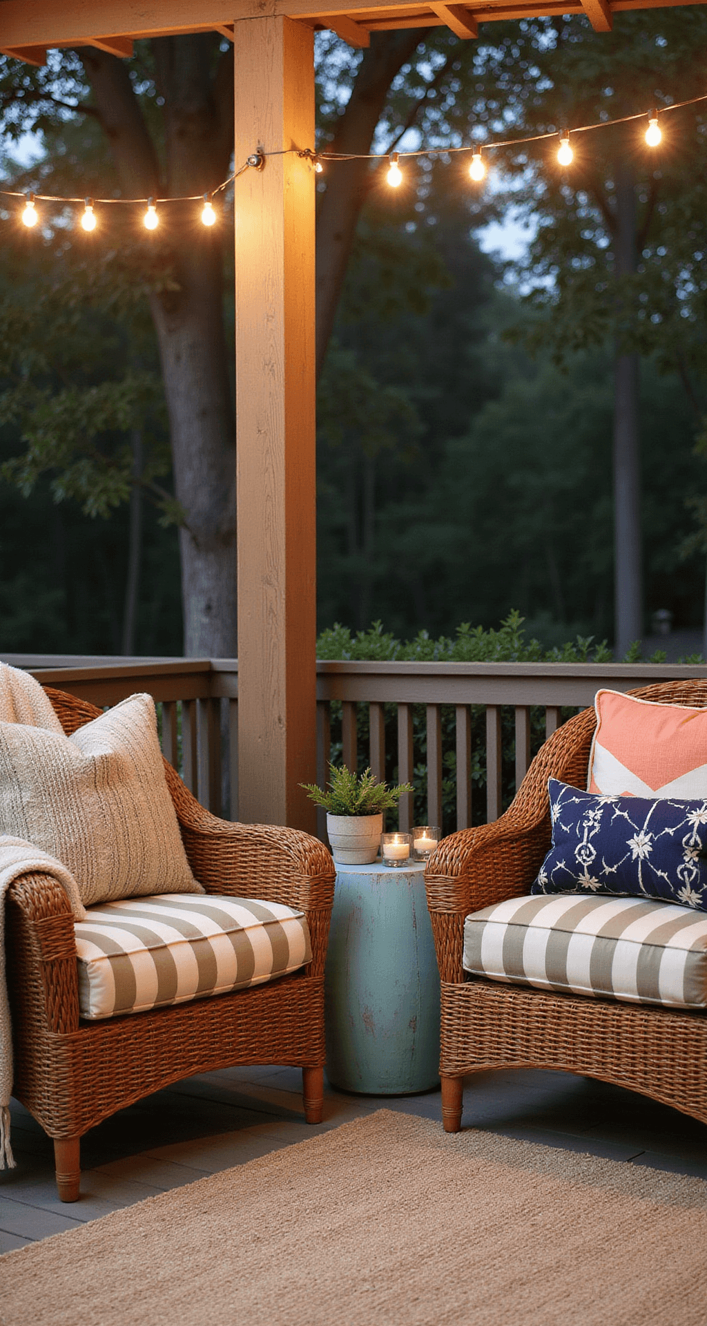 Back Porch Decorating Ideas: Transform Your Outdoor Retreat Intimate screened back porch at dusk featuring all-weather wicker chairs with sage green and cream striped cushions, a turquoise ceramic garden stool, and cozy throw blankets, all illuminated by warm LED string lights.