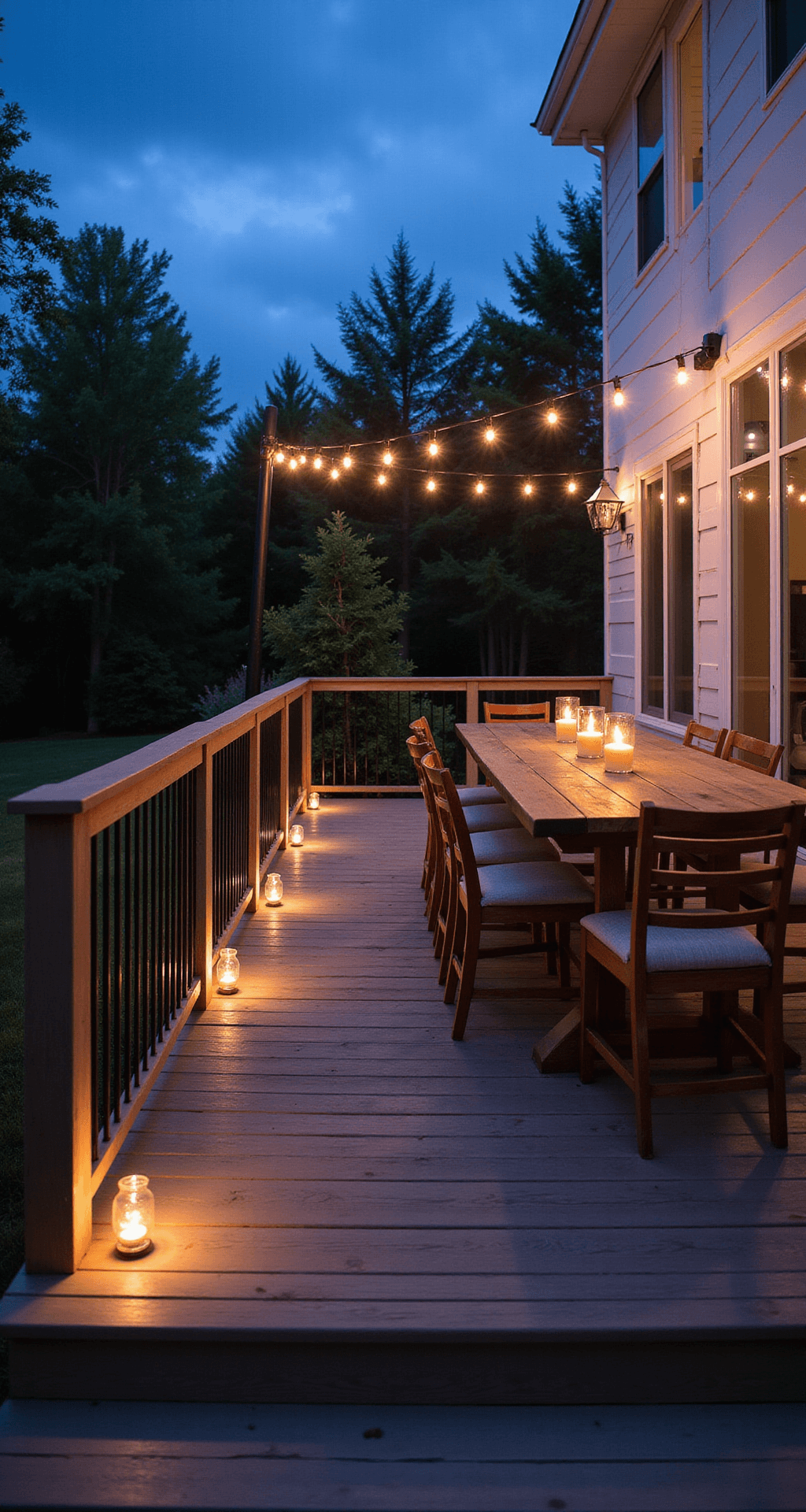 Back Porch Decorating Ideas: Transform Your Outdoor Retreat Dramatic evening photograph of a contemporary back porch with Edison bulb string lights and solar lanterns, highlighting layered ambient lighting on gray composite decking, rustic dining table with candle holders, and twilight skies.