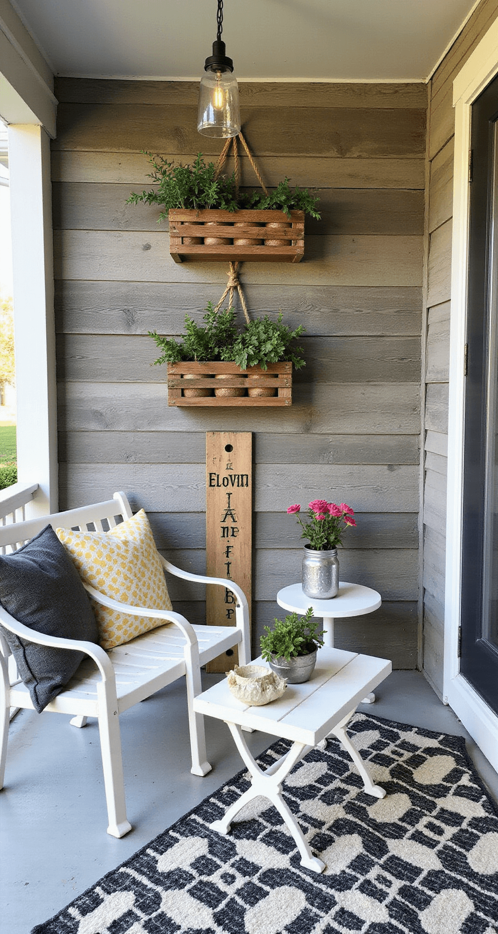 Back Porch Decorating Ideas: Transform Your Outdoor Retreat Budget-friendly DIY back porch transformation featuring spray-painted white metal furniture, reclaimed wood accent walls, handmade planter boxes from wooden crates, a geometric black and white area rug, Mason jar lighting, and thrift store decor, all captured in natural afternoon light.