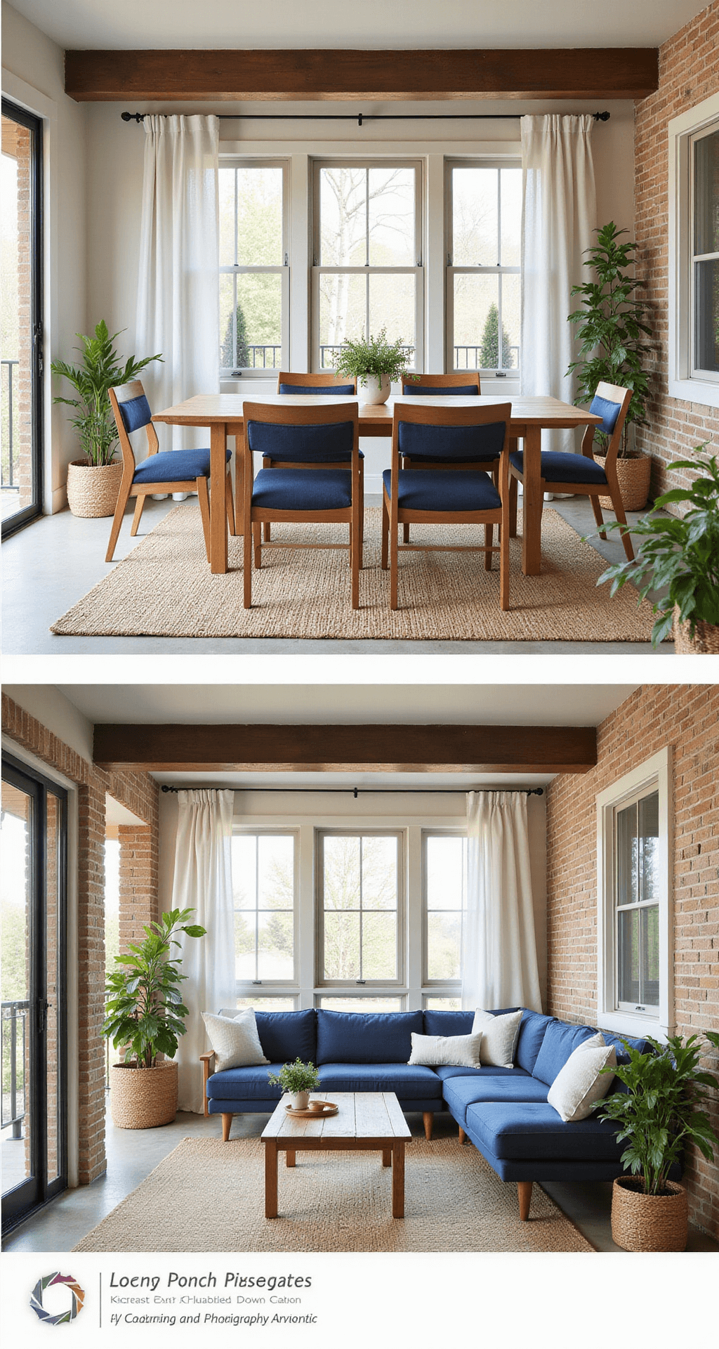 Back Porch Decorating Ideas: Transform Your Outdoor Retreat Professional lifestyle photograph of a well-designed back porch showcasing distinct dining and lounging zones, featuring teak furniture, a navy sectional sofa, and layered textures with jute rugs and linen cushions, accented by natural plants and architectural details like exposed beams and brick walls.