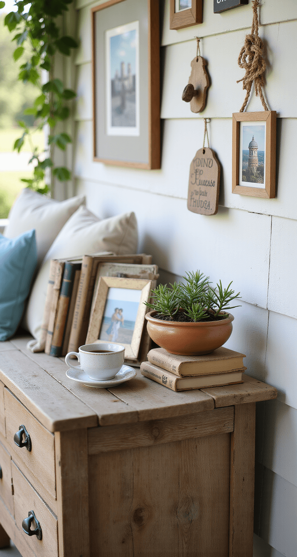 Back Porch Decorating Ideas: Transform Your Outdoor Retreat Close-up of a weathered teak side table on a back porch, showcasing family photos in coastal frames, vintage books, a steaming coffee mug, and hand-thrown terracotta pottery with succulents, amidst travel souvenirs and handmade ceramic wind chimes, all in soft morning light.