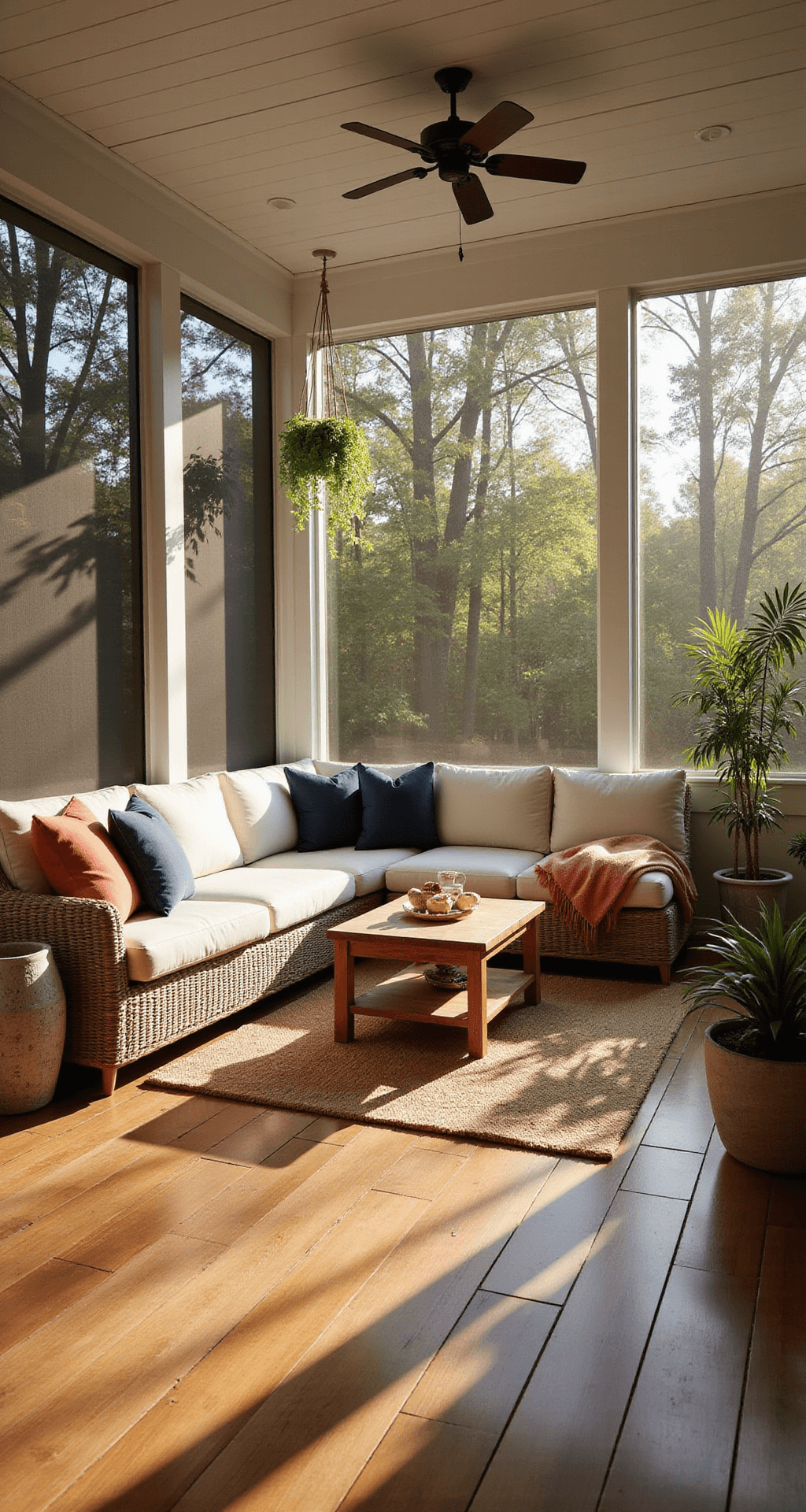 Transform Your Screened-In Porch: The Ultimate Styling Guide Photorealistic screened-in porch sanctuary featuring an L-shaped cream wicker sectional with navy and coral throw pillows, natural teak coffee table, honey-colored bamboo flooring, and layered textures including a jute area rug. The space is illuminated by warm golden hour lighting, casting geometric shadow patterns, with greenery from a potted fiddle leaf fig and hanging Boston ferns, and warm white string lights overhead, all captured from a corner angle.