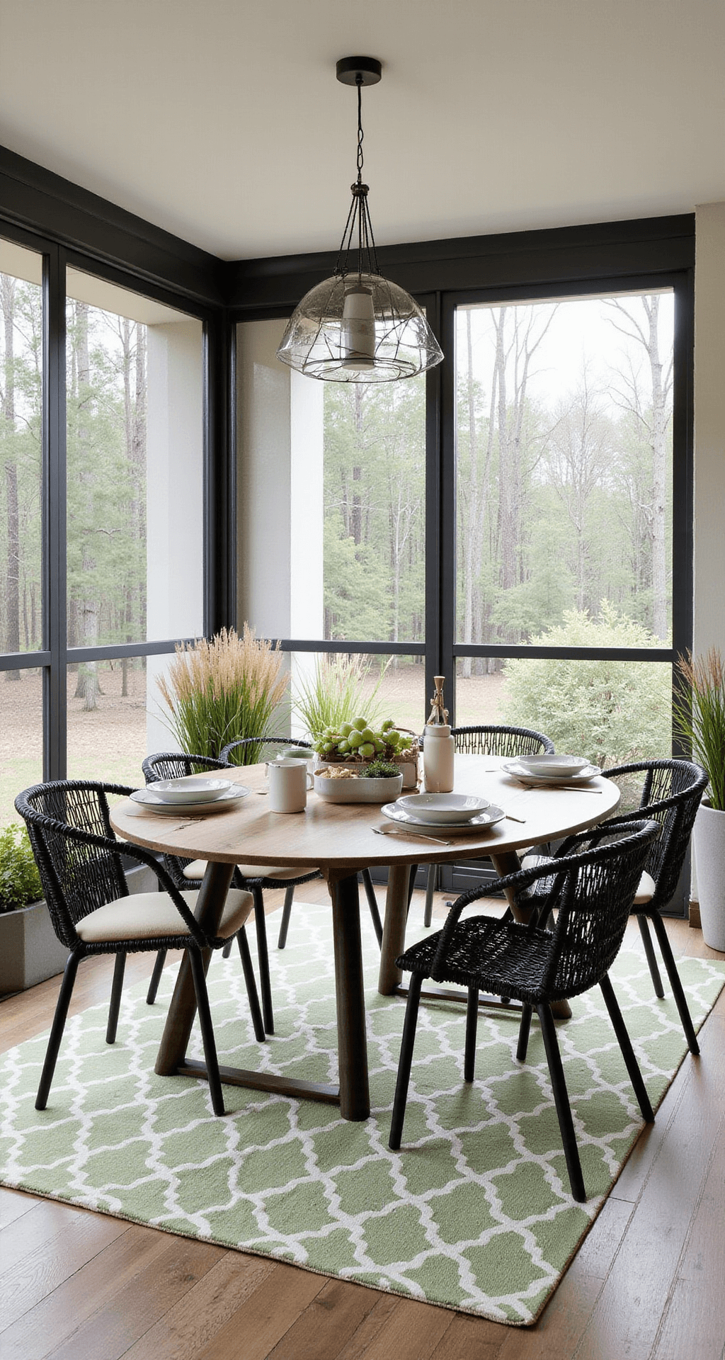 Transform Your Screened-In Porch: The Ultimate Styling Guide Contemporary screened-in porch dining area with charcoal aluminum framing, weathered teak round table, black rattan chairs, and a sage green geometric rug, illuminated by mid-morning light.