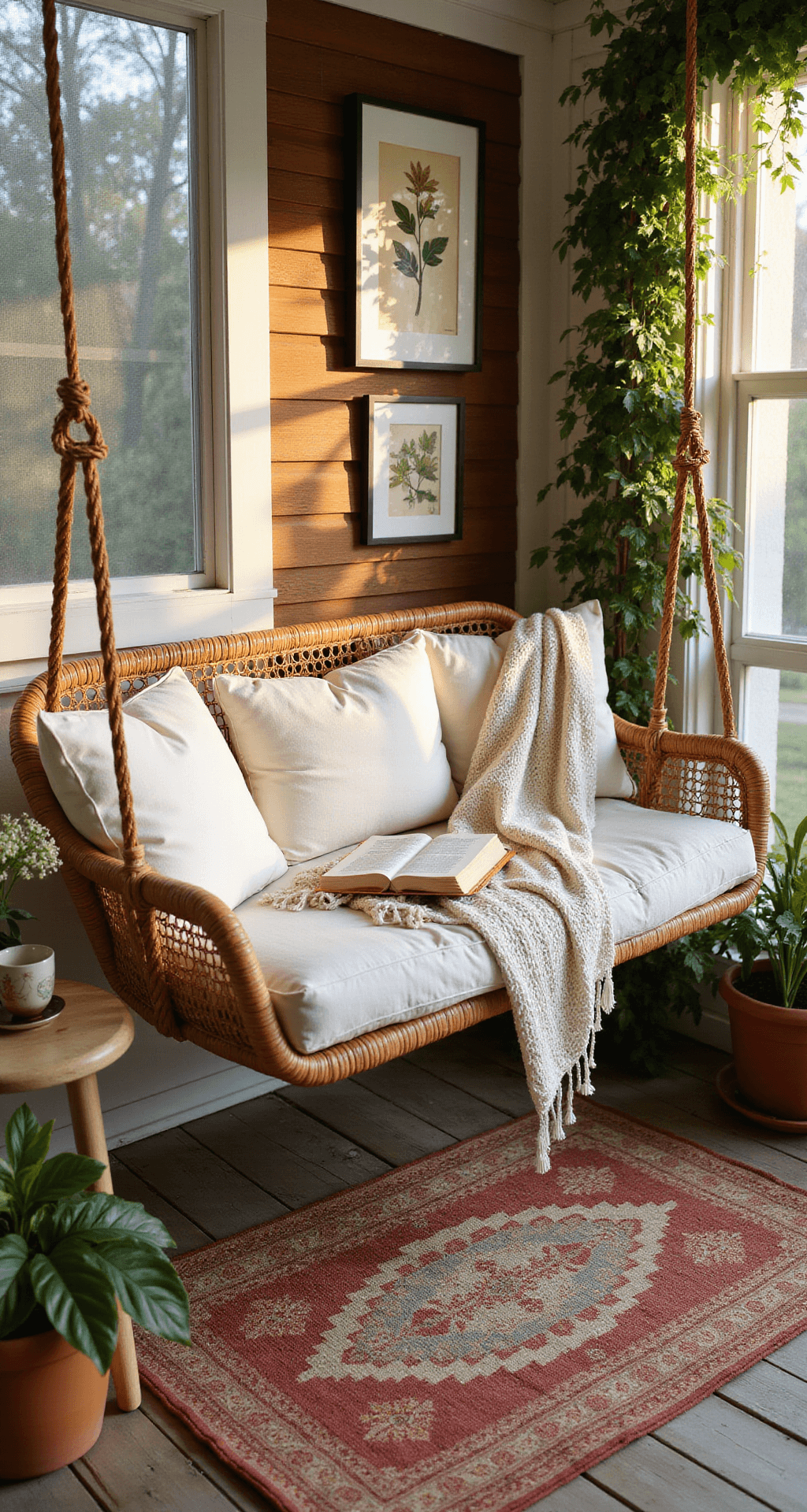 Transform Your Screened-In Porch: The Ultimate Styling Guide Cozy screened porch corner with oversized rattan swing chair, warm afternoon light, reclaimed wood flooring, vintage side table with a mug and book, layered kilim rugs, botanical print gallery wall, and potted plants, creating a serene reading nook.