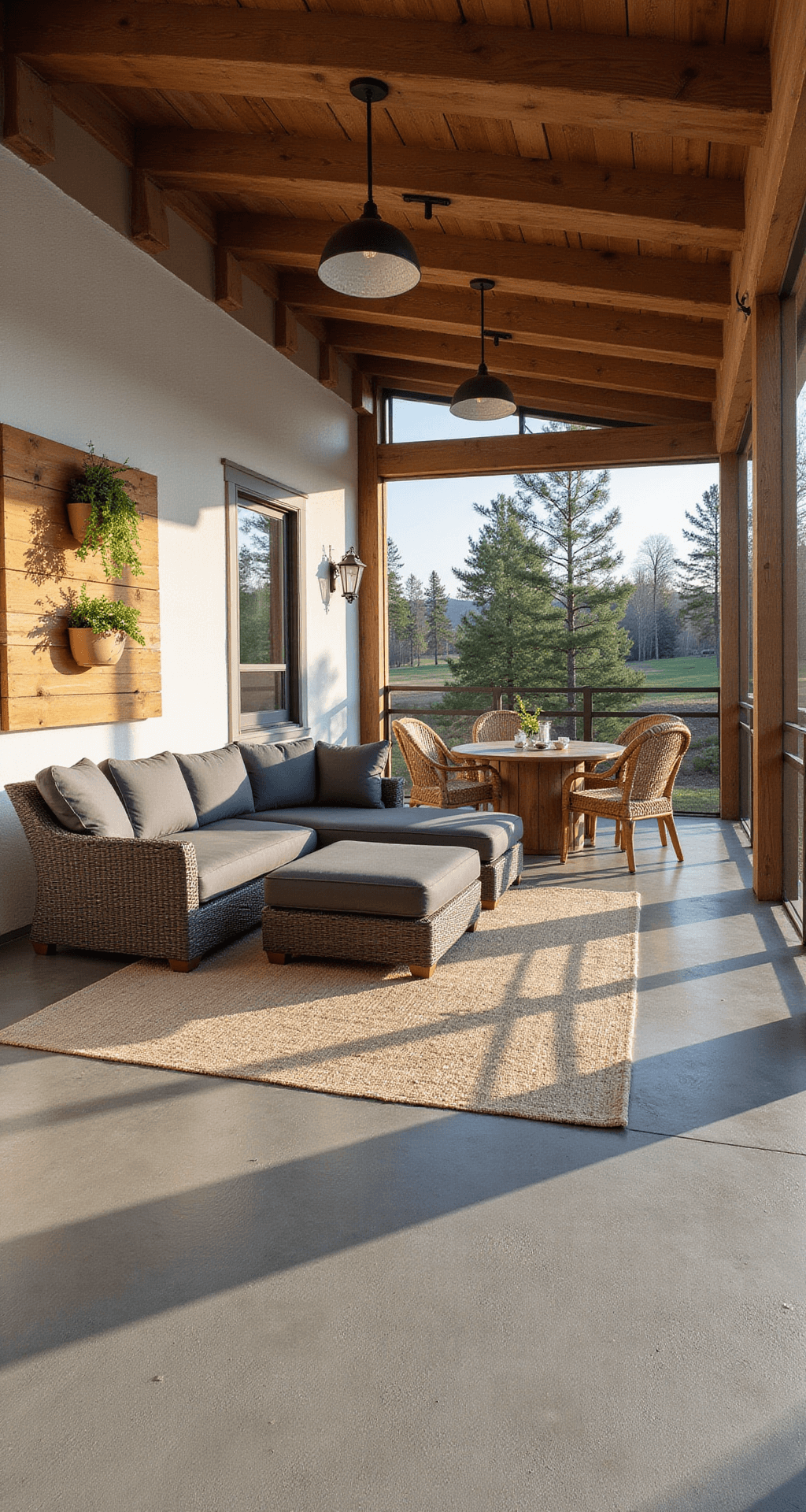 Transform Your Screened-In Porch: The Ultimate Styling Guide Multi-functional screened porch with defined zones, featuring cedar posts, bronze screening, and an exposed beam ceiling. It includes a charcoal sectional sofa, a round dining table for four, sisal area rugs, woven pendant lights, and a vertical garden wall showcasing herbs and succulents, all illuminated by late afternoon light.