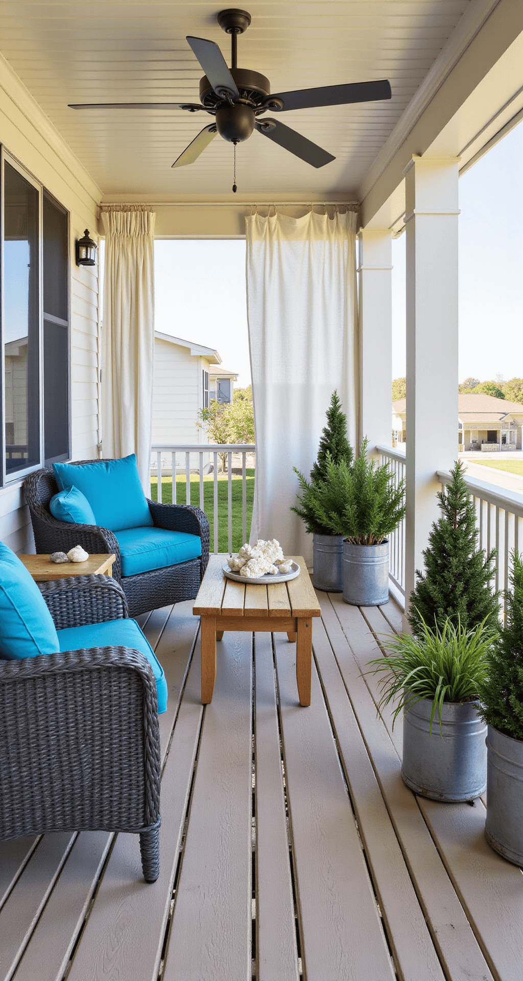 Transform Your Screened-In Porch: The Ultimate Styling Guide A weather-resistant porch showcasing a powder-coated aluminum frame with fine mesh screening, featuring maintenance-free driftwood composite decking and a conversation set with marine-grade wicker chairs in graphite and ocean blue Sunbrella cushions. A teak accent table displays coral and shells, while white canvas outdoor curtain panels provide privacy. Decorated with artificial topiary trees and coastal grasses in weatherproof planters, nautical rope details, and galvanized metal accessories, all captured in bright natural lighting.