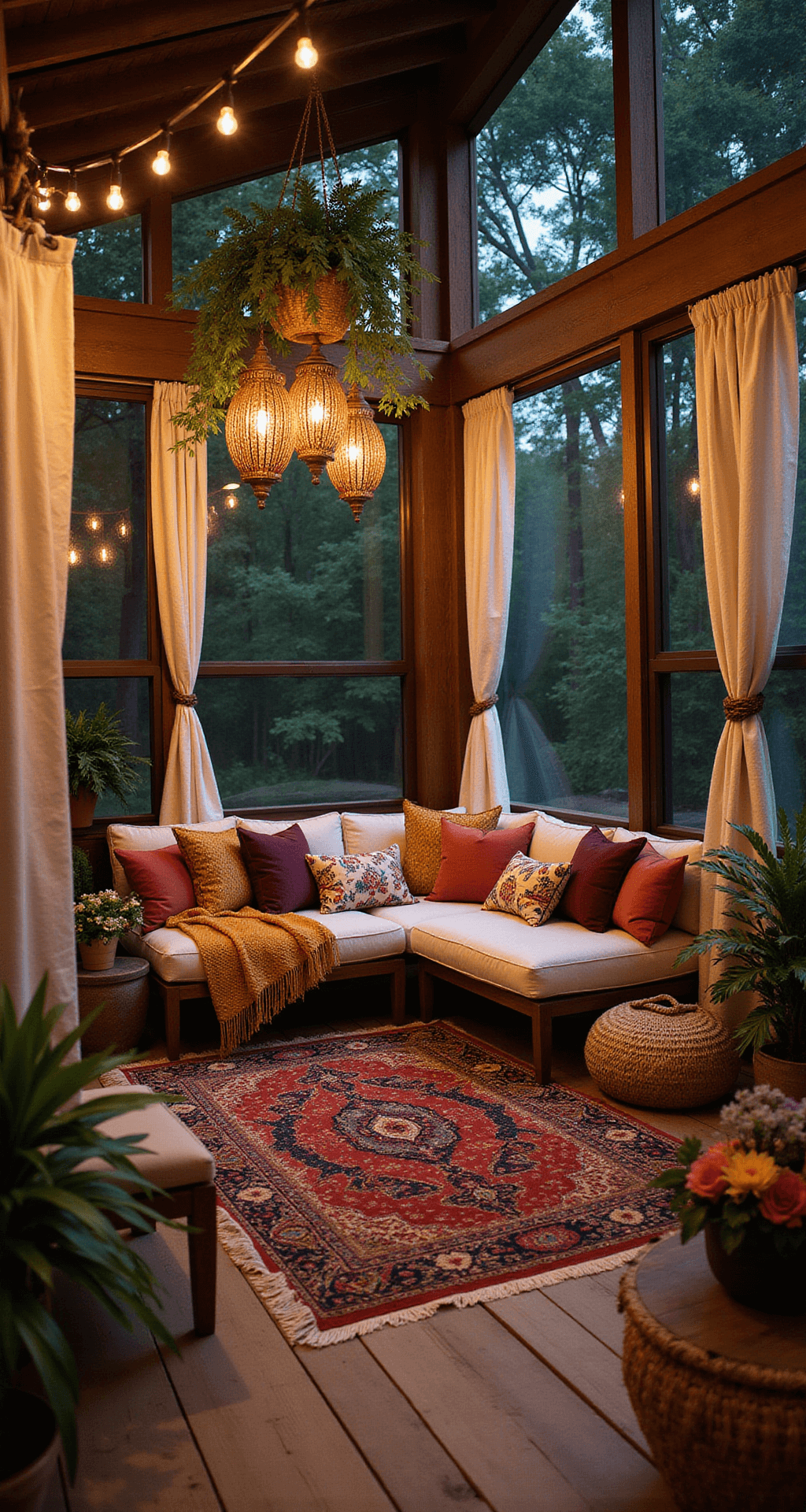Transform Your Screened-In Porch: The Ultimate Styling Guide Textile-rich screened porch featuring a dark stained wood framework and traditional screening, illuminated by warm LED string lights. The scene includes daybed-style seating with mixed-pattern pillows in jewel tones, layered Persian-inspired outdoor rugs, flowing natural linen curtains, and Moroccan-style lanterns. Hanging plants in woven baskets create a lush canopy, all set against a backdrop of wide-plank pine flooring at twilight.