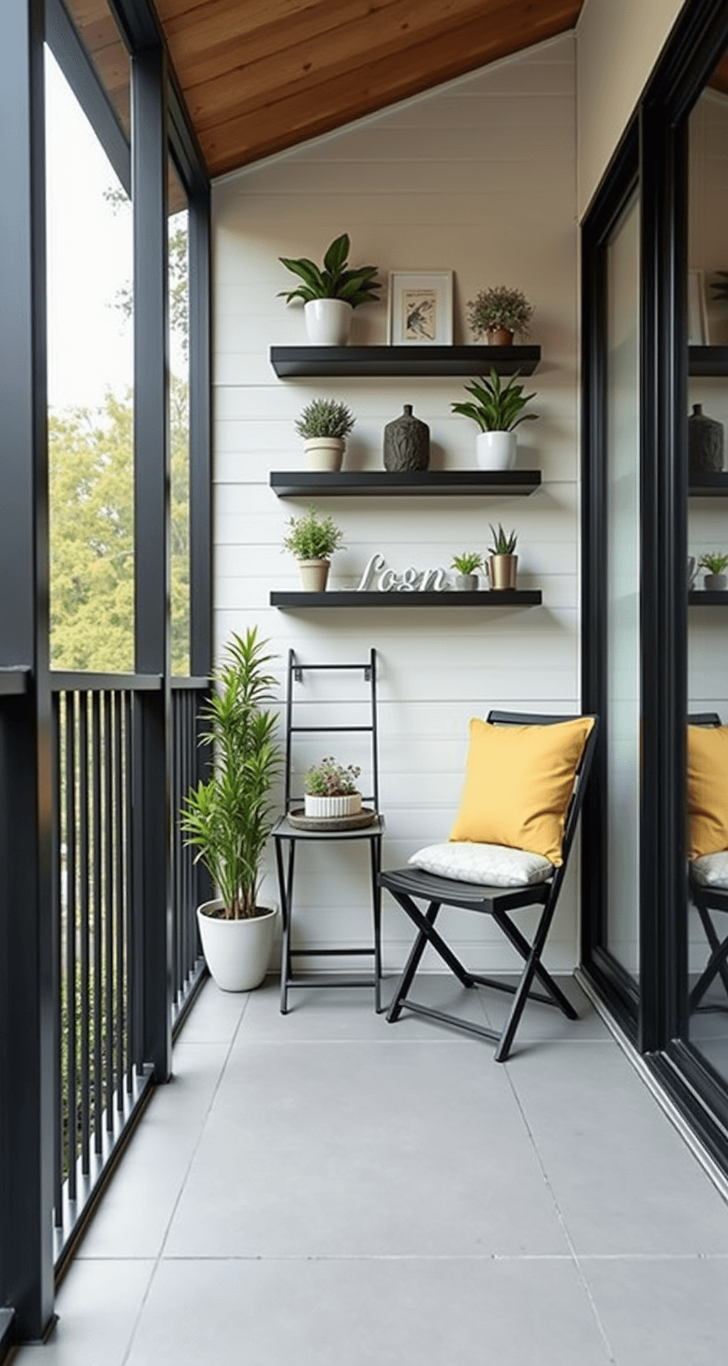 Transform Your Screened-In Porch: The Ultimate Styling Guide A high-angle shot of a small, stylish porch measuring 8x12 feet featuring a sleek black metal frame, retractable screens, light gray tile flooring, and bright noon daylight. The space includes wall-mounted floating shelves with curated accessories and small plants, a compact bistro set with folding chairs, neutral white and gray colors with yellow accent pillows, a ladder plant stand, a mirrored wall panel for an illusion of space, and a Murphy-style fold-down table, all showcasing efficient storage solutions in a modern, minimalist aesthetic.