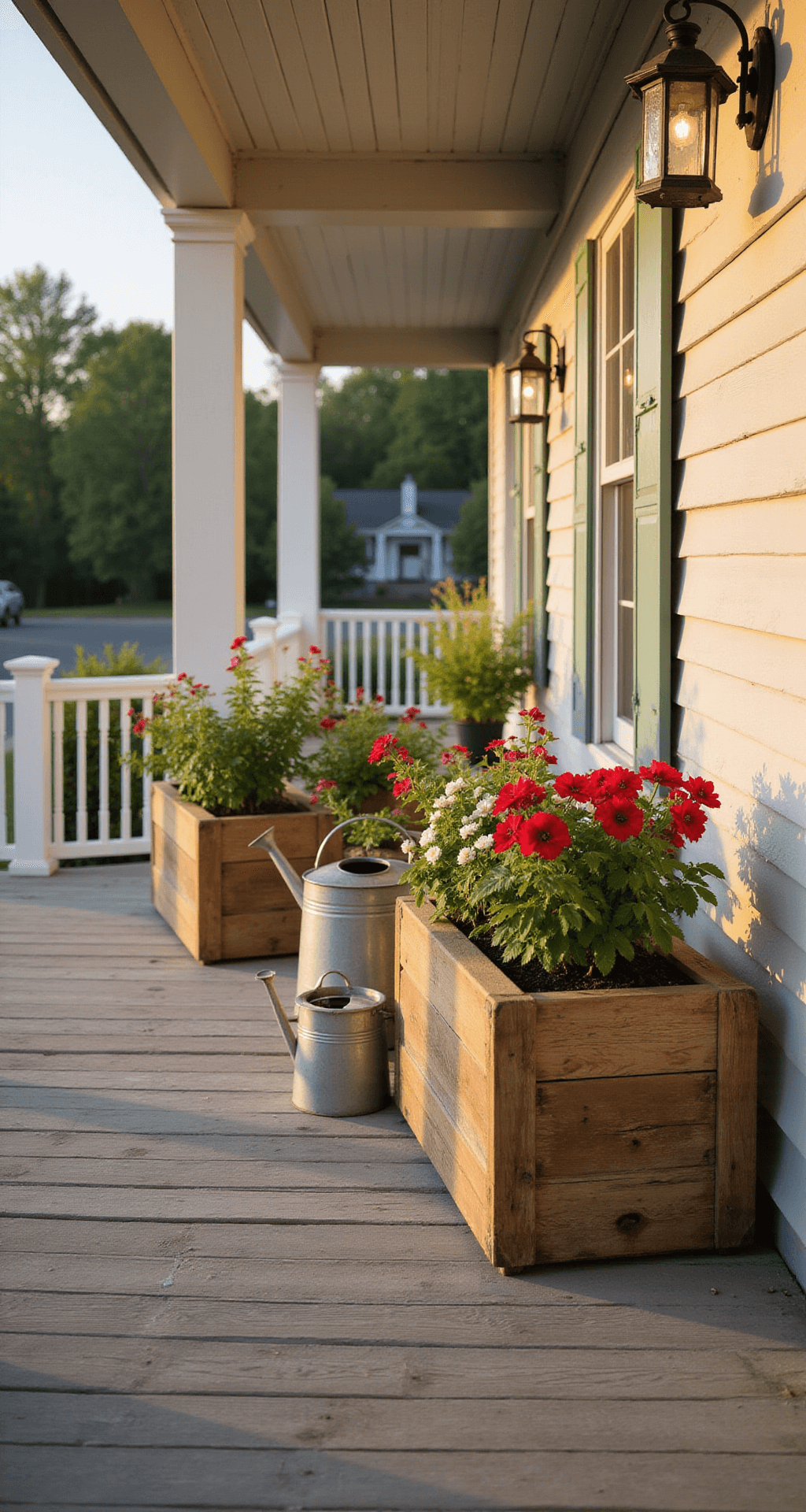 Transform Your Front Porch: Stunning Planter Ideas That Will Make Your Neighbors Jealous Photorealistic wide-angle shot of a charming farmhouse-style front porch with weathered cedar planter boxes, vibrant red geraniums, and trailing white petunias, illuminated by warm golden hour light, featuring white columns and a beadboard ceiling, complemented by sage green shutters and rustic accents.