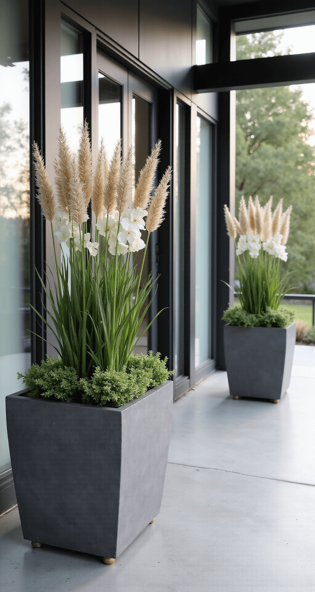 Transform Your Front Porch: Stunning Planter Ideas That Will Make Your Neighbors Jealous Contemporary minimalist front porch scene featuring geometric concrete planters with architectural grasses and white angelonia, set against polished concrete flooring and floor-to-ceiling windows, all in a monochromatic palette of whites, grays, and deep greens.
