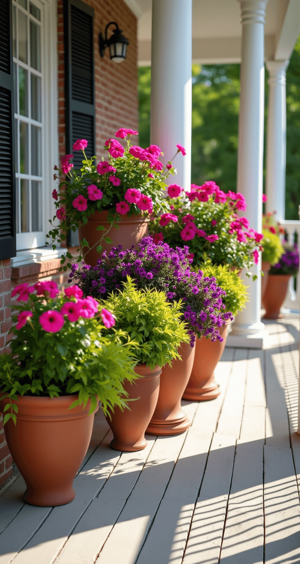 Transform Your Front Porch: Stunning Planter Ideas That Will Make Your Neighbors Jealous Vibrant summer porch display featuring a wraparound porch adorned with large terracotta and ceramic planters filled with hot pink petunias, purple calibrachoa, and lime green potato vine, contrasted against a colonial-style home with white railings and brick columns, captured in bright natural lighting.