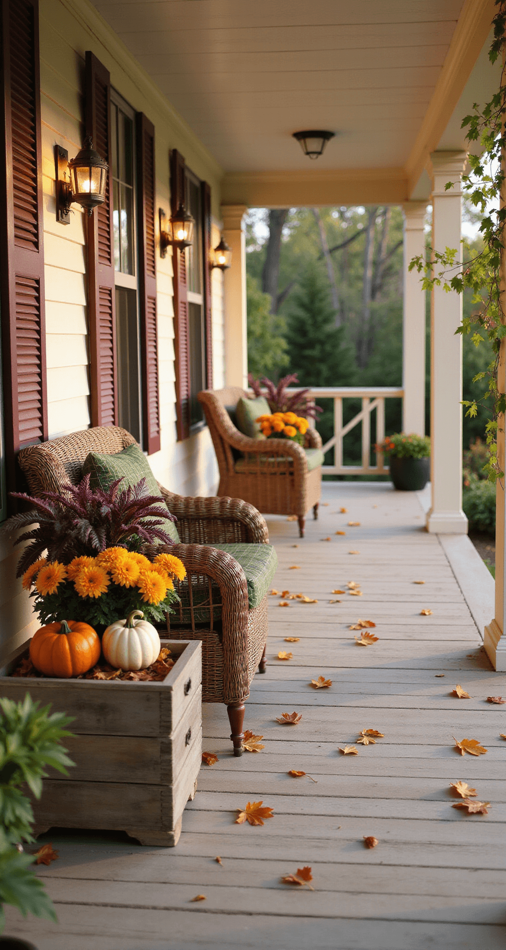 Transform Your Front Porch: Stunning Planter Ideas That Will Make Your Neighbors Jealous Cozy autumn porch scene featuring painted wood columns, planters with bronze chrysanthemums and purple kale, weathered wicker furniture with mini pumpkins, and fallen maple leaves, all bathed in soft, golden late afternoon light.