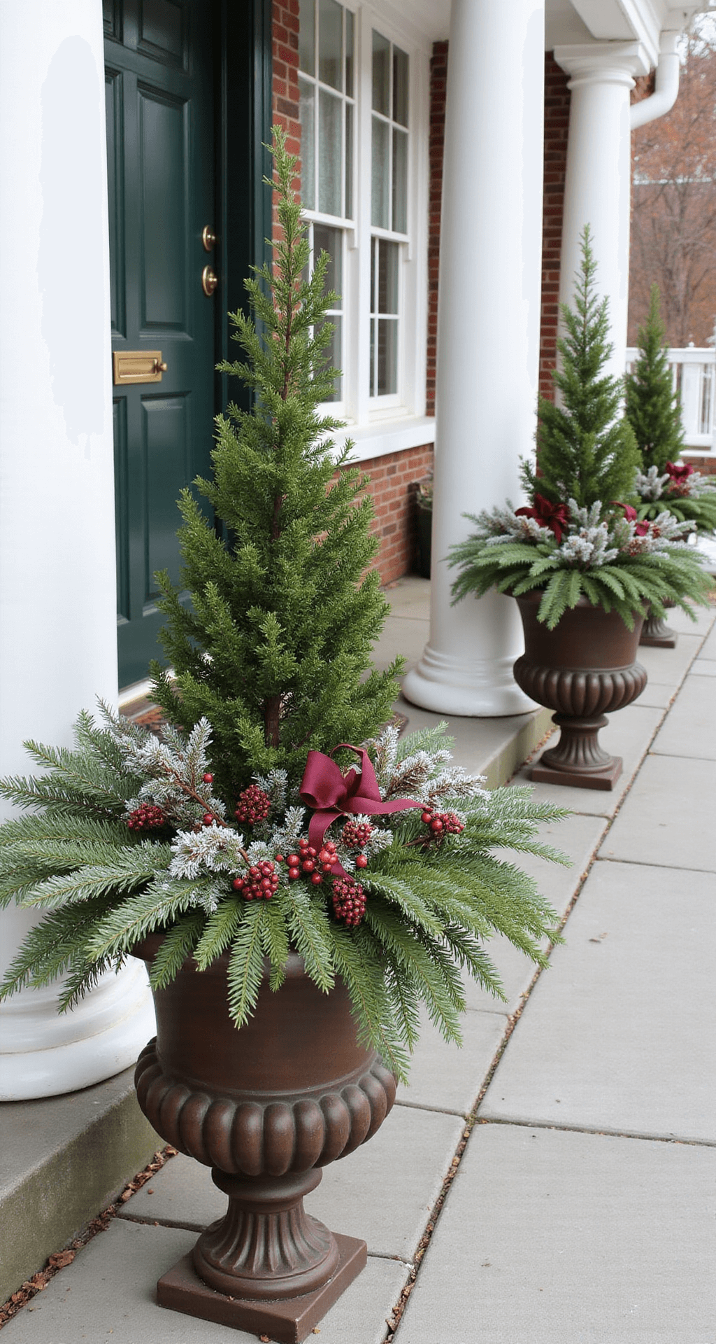 Transform Your Front Porch: Stunning Planter Ideas That Will Make Your Neighbors Jealous Elegant winter porch with evergreen arrangements in urn planters, burgundy ribbon accents, and a dark green front door, captured in soft morning light with a light snow dusting.
