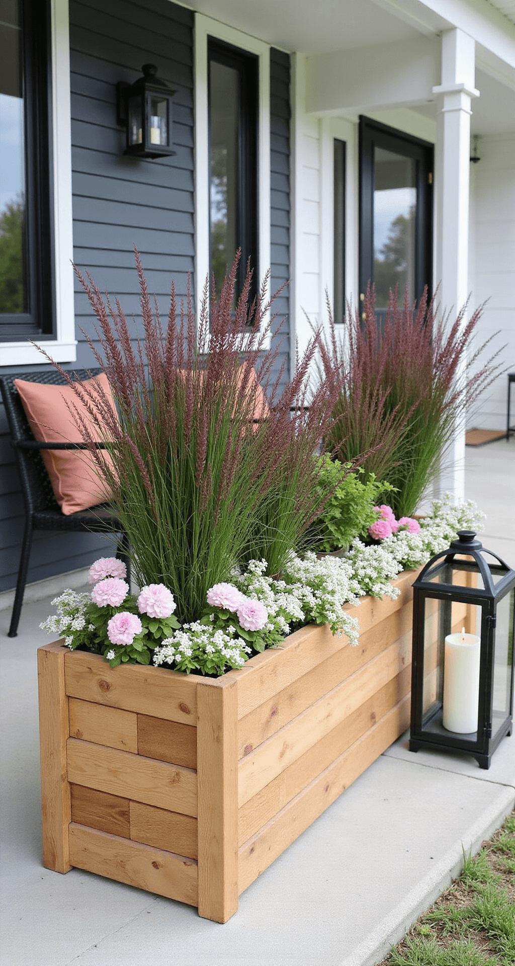 Transform Your Front Porch: Stunning Planter Ideas That Will Make Your Neighbors Jealous Professional arrangement of large rectangular cedar planters on a modern farmhouse porch, featuring tall purple fountain grass, full pink geraniums, and cascading white sweet alyssum, complemented by black metal furniture and lanterns, set against charcoal gray siding and enhanced by balanced natural lighting.