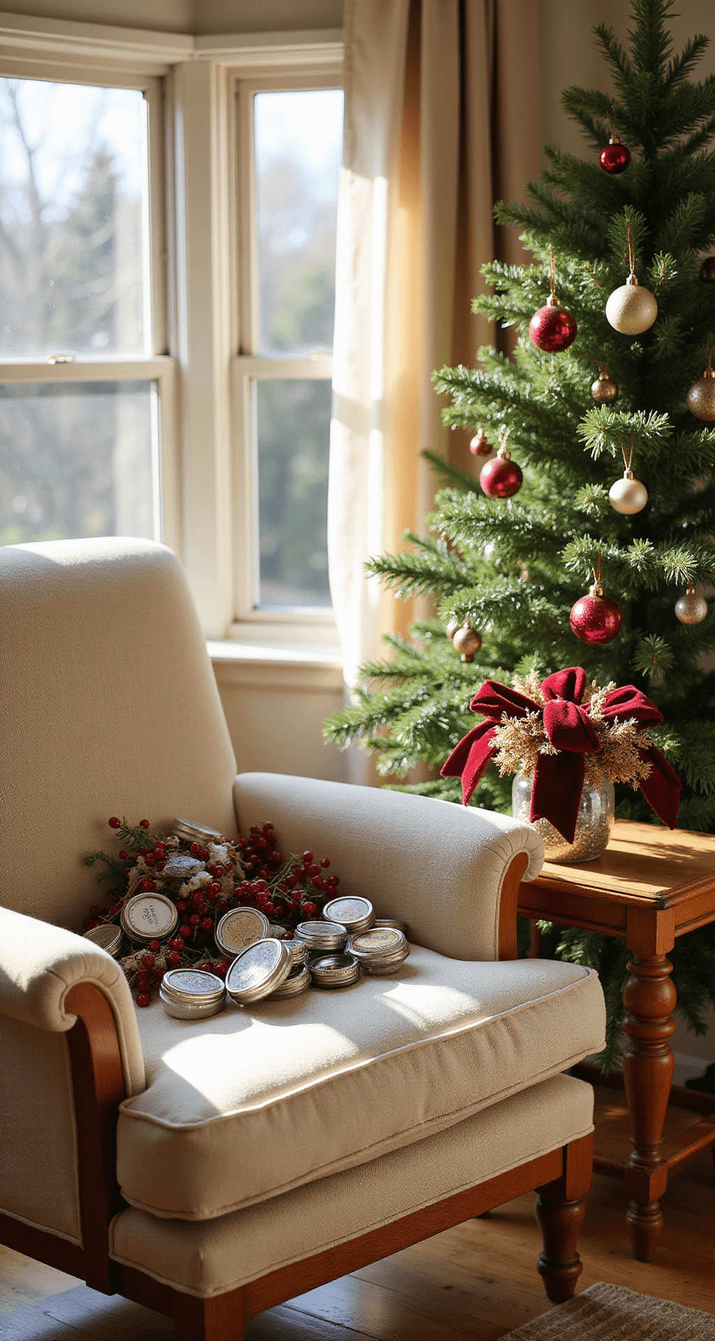 Magical DIY Christmas Decor: Transform Your Home on a Budget A warm afternoon light fills a cozy 12x14ft living room corner, highlighting a plush cream armchair next to a vintage wooden side table adorned with handmade mason jar lid ornaments, featuring frosted berries, burgundy velvet ribbons, and metallic accents. The low-angle shot captures the intricate details of the ornaments while softly blurring a Christmas tree in the background.