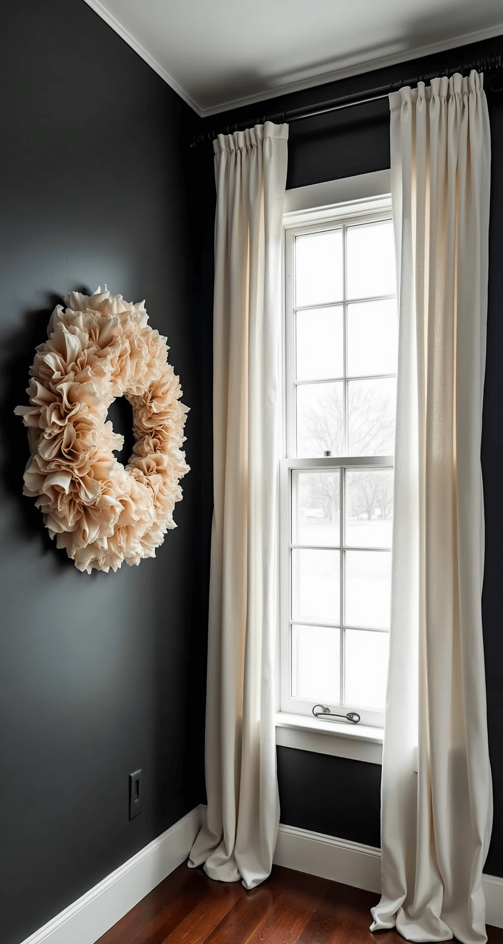 Magical DIY Christmas Decor: Transform Your Home on a Budget A formal living room corner featuring a floor-to-ceiling window with white sheer curtains, a coffee filter wreath against dark charcoal walls illuminated by northern light, and subtle holiday accent lighting enhancing its texture and dimensionality.