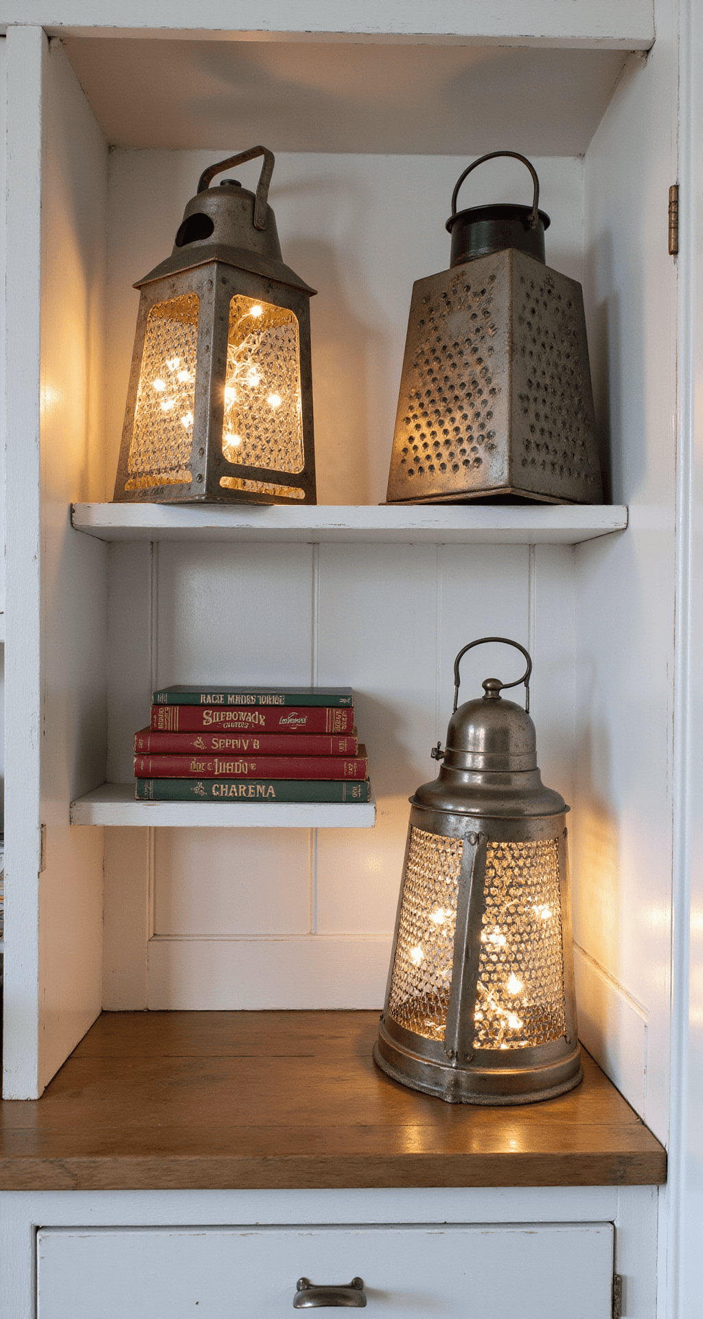 Magical DIY Christmas Decor: Transform Your Home on a Budget A modern farmhouse kitchen featuring vintage lanterns made from antique cheese graters, illuminated by warm LED string lights, displayed on whitewashed wooden shelves alongside stacked red and green vintage books, captured from a low angle to highlight the tall 10ft ceilings and architectural details.