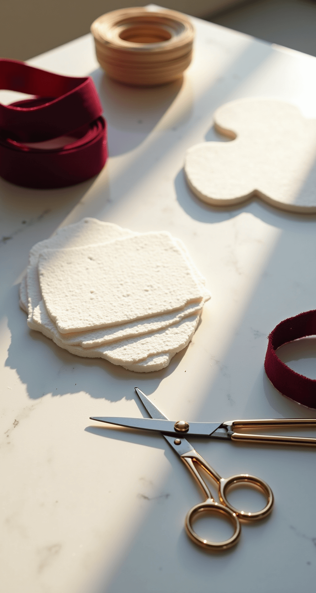 Magical DIY Christmas Decor: Transform Your Home on a Budget Brightly lit craft room with a white marble workspace showcasing neatly arranged DIY supplies, including metallic scissors, white foam shapes, and burgundy velvet ribbon, all illuminated by golden hour sunlight, focusing on texture variations.